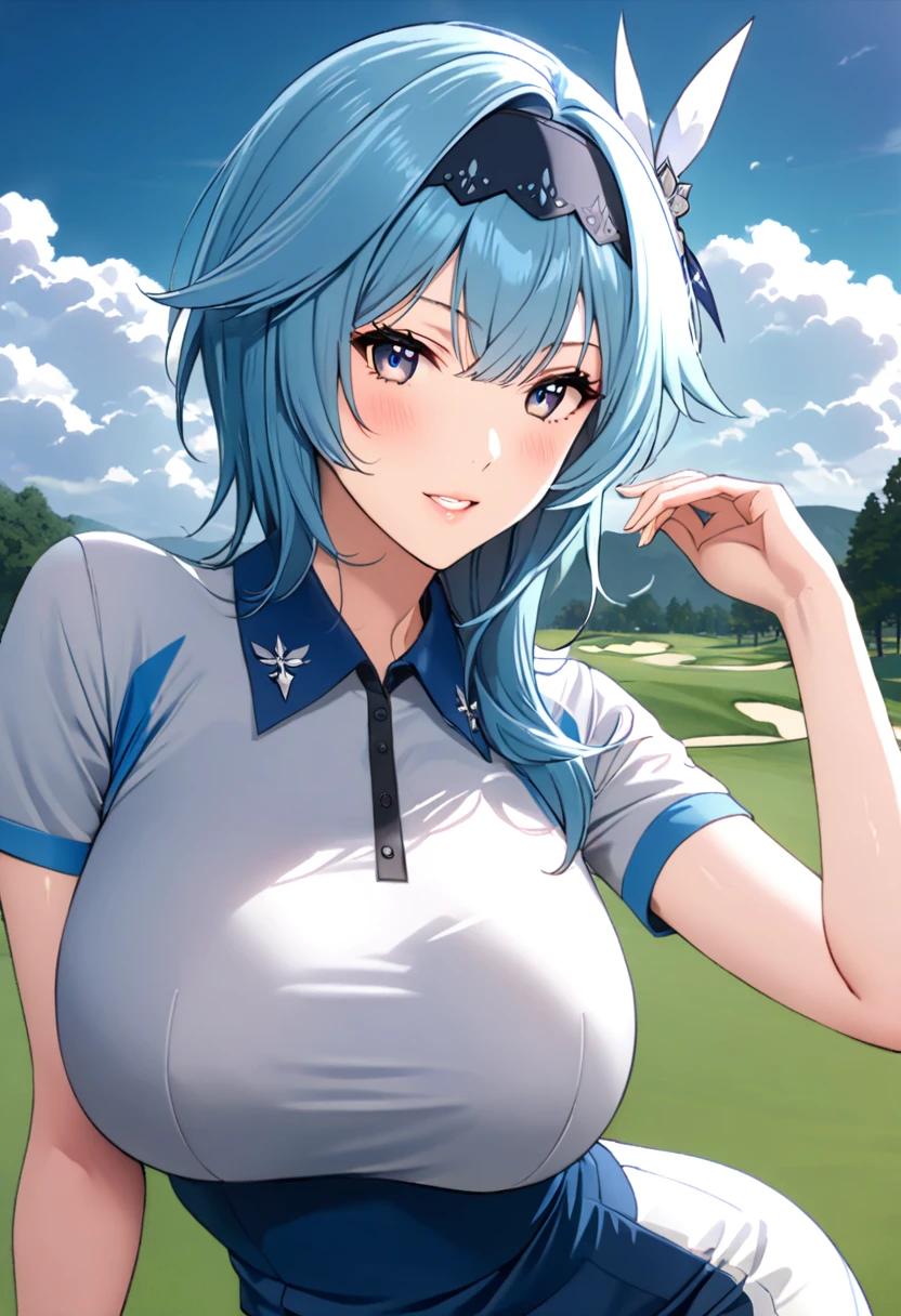 (Masterpiece), (detailed anime style), (super detailed), (perfect work), (4k), eula, lovely, Madura, sexy tight golfer clothing, Big breasts, I will trace the great, on a golf course