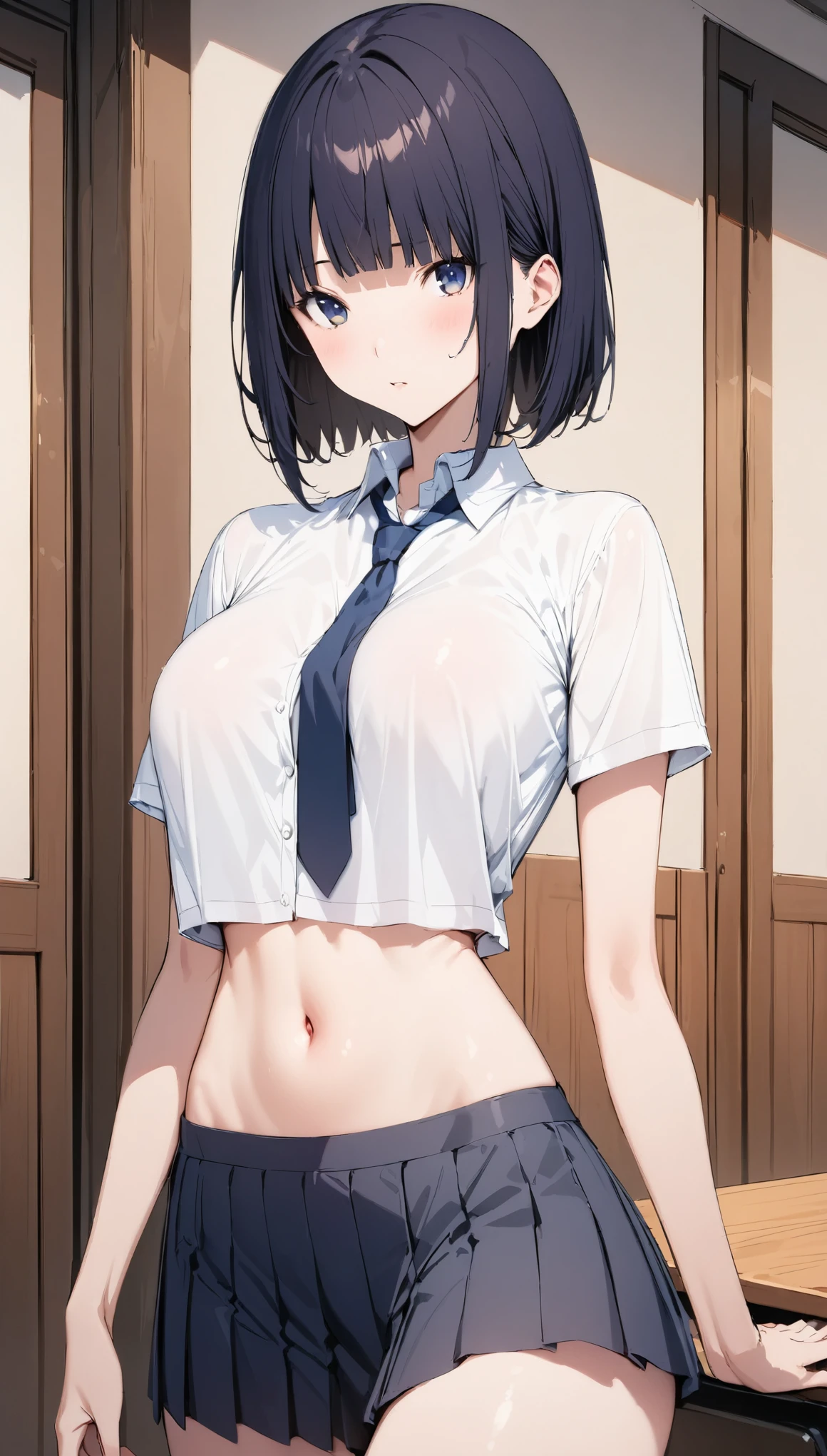 ((masterpiece,Best Quality:1.3,best quality illustrations)),cowboy shot,portrait,1woman, adult,(dark blue hair,short bob cut hair),bangs,(very small head),dark blue eyes,(gorgeous eyes),long body,large breasts,(collared white shirt,Short sleeve、navel、Navy blue pleated mini skirt,Navy blue tie),slender body,toned body,standing,Simple chair、Simple desk、classroom、School、