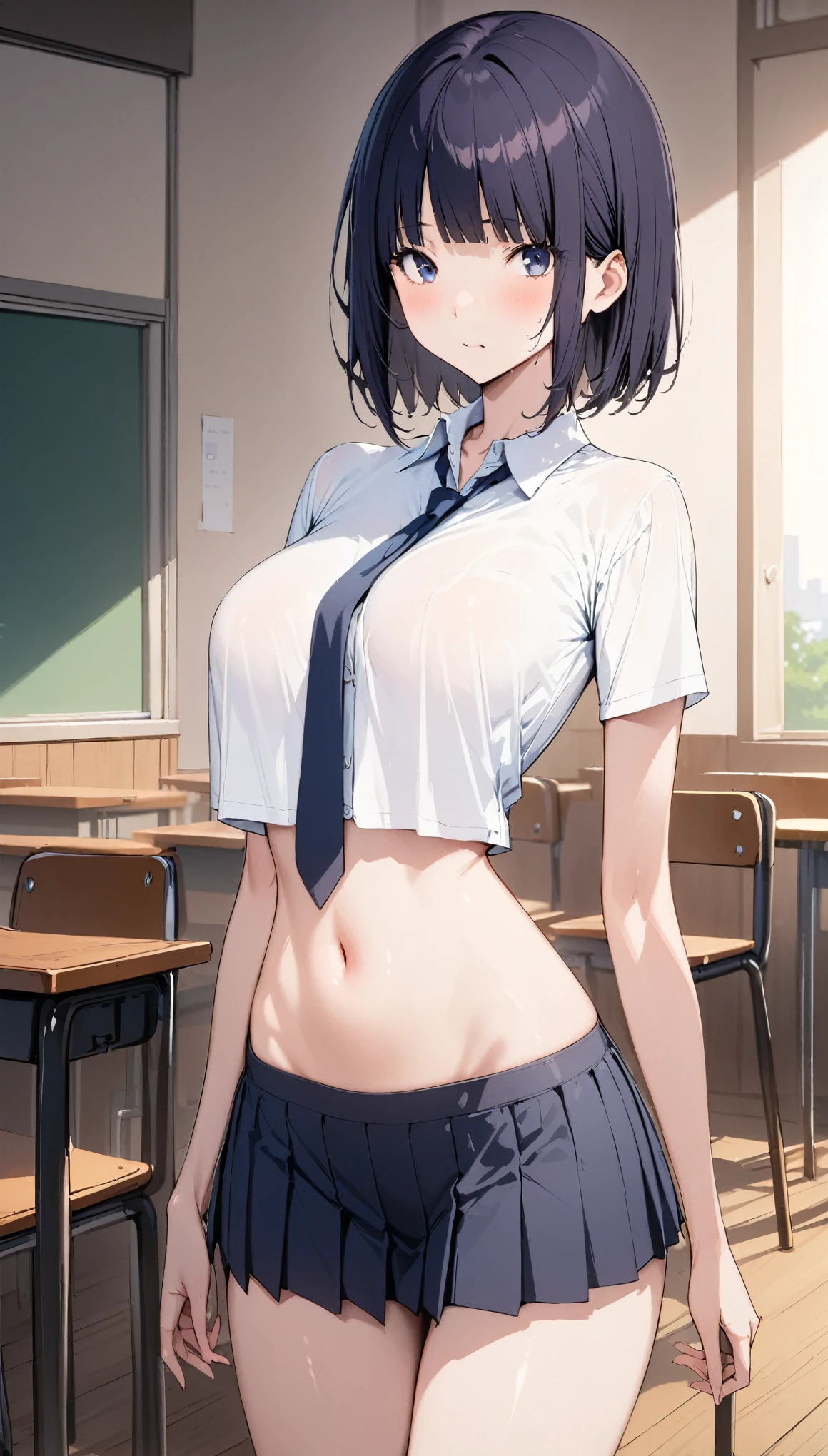 ((masterpiece,Best Quality:1.3,best quality illustrations)),cowboy shot,portrait,1woman,young adult,(dark blue hair,short bob cut hair),bangs,(very small head),dark blue eyes,(gorgeous eyes),long body,large breasts,(collared white shirt,Short sleeve、navel、Navy blue pleated mini skirt,Navy blue tie),slender body,toned body,standing,Simple chair、Simple desk、classroom、School、