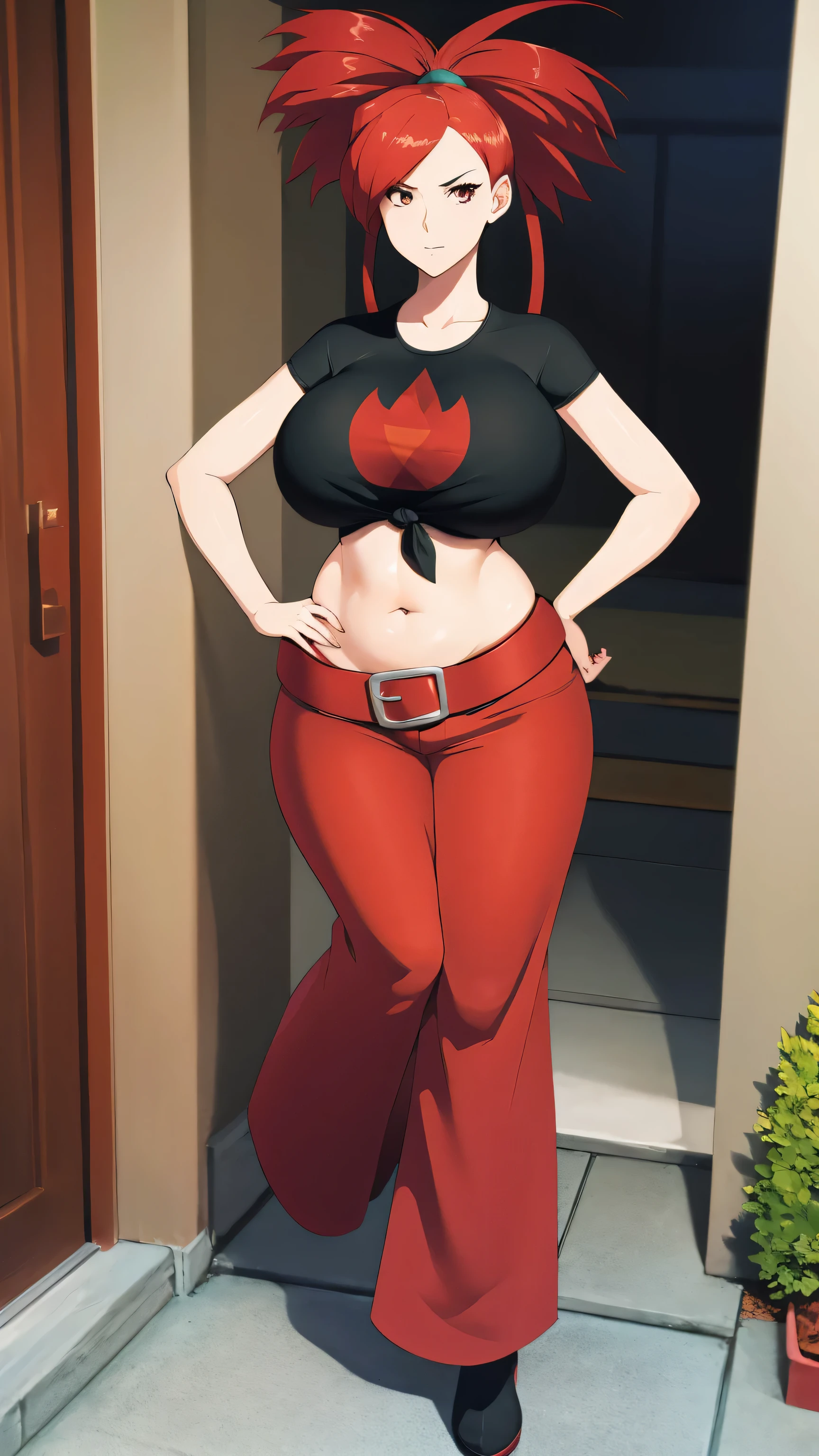 A tall beautiful sexy girl with big breasts, loose red hair, a brown eye, is wearing a black shirt with a knot tied underneath a red bra, showing her belly button, and blue pants with a red belt and brown heels. 