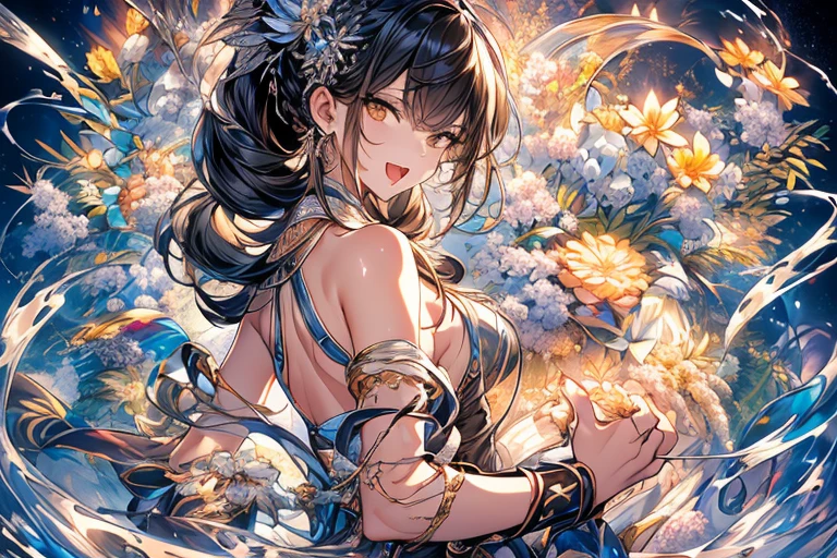 (dynamic angle:1.3, front view:1.1, breast focus:1.3, from below:1.2), (dynamic posing:1.5, sexy posing:1.2, leaning forward), (seductive smiling:1.3),(*K) HD, highest quality, Anime style beutiful woman, 1girl,fullbody, happy, (with sparkling eyes and a contagious smile:1.2), red face, closed mouth, beautiful detailed eyes, super detailed skin, backlighting, bare shoulders, black background, black dress, black gloves, silver hair, breasts, dress, earrings, fingerless gloves, floating hair, floral print, flower, gloves, gold earrings, gold hairband, hair flower, hair ornament, hairband, holding, holding two-hands weapon, jewelry, medium breasts, long hair, looking at viewer, off-shoulder dress, off shoulder,red eyes, short hair with long locks, sidelocks, solo, spikes, thighs, two-sided dress, two-sided fabric, weapon, fighting stance , face, close up, from above, highest quality, high resolution,Real World, Natural light,perfect Natural light,looking at viewer,