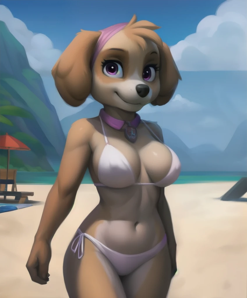 NSFW (nude) (Supergirl ((human)) medium breasts, ????? of pubic hair) full body, vaginal penetration, fucking a ((male furry dog white pitbull with a dog penis)), on a deserted beach