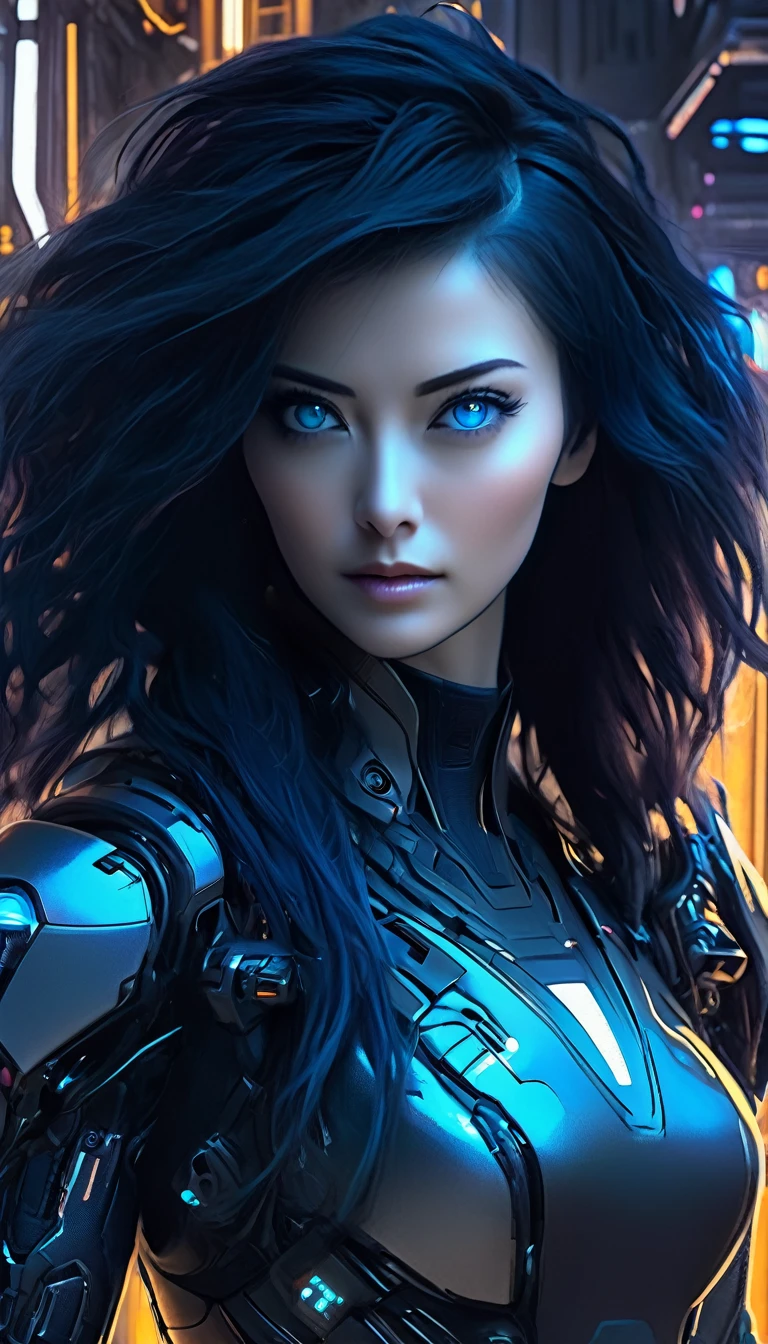 A woman wearing exoskeleton cyber armor, The armor fits snugly、(((She has a plasma gun in her hand))), Full body photo, Maximum details, Superior quality through precise drawings, 8k,chest, blue eyes,  High resolution, 超High resolution, Best Quality, Shortcuts, Big chest, Cinematic Lighting Effects, Futuristic beautiful black hair woman, Shining blue eyes, Cyberpunk style woman, ((High tech spaceship interior with blue light illumination)), High-quality images、Black Hair, Shortcuts, 