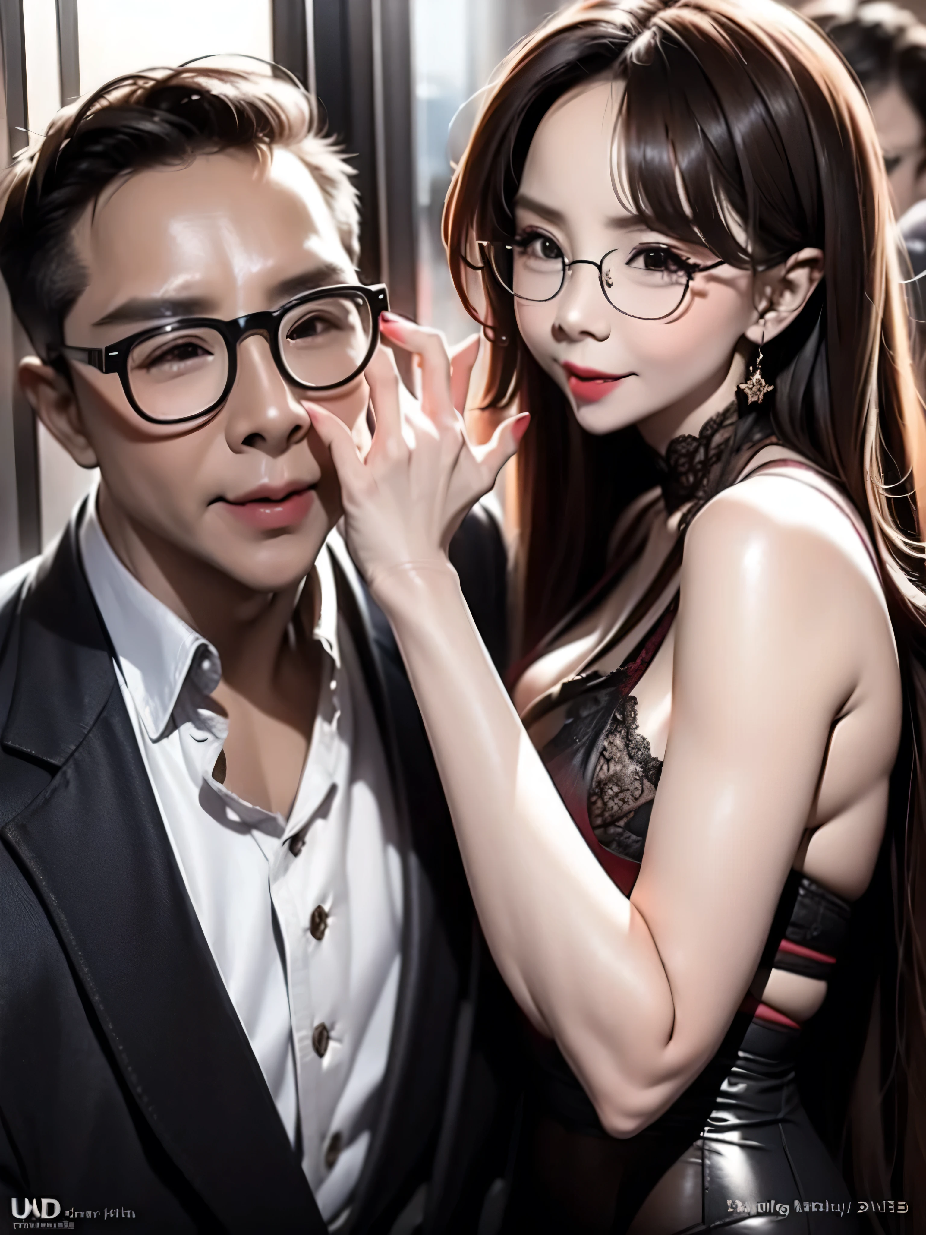 Scantily clad bride makes out with older man in nightclub, ultra high definition, masterpiece, textured skin, Ultra-detailed, best quality, 8k.