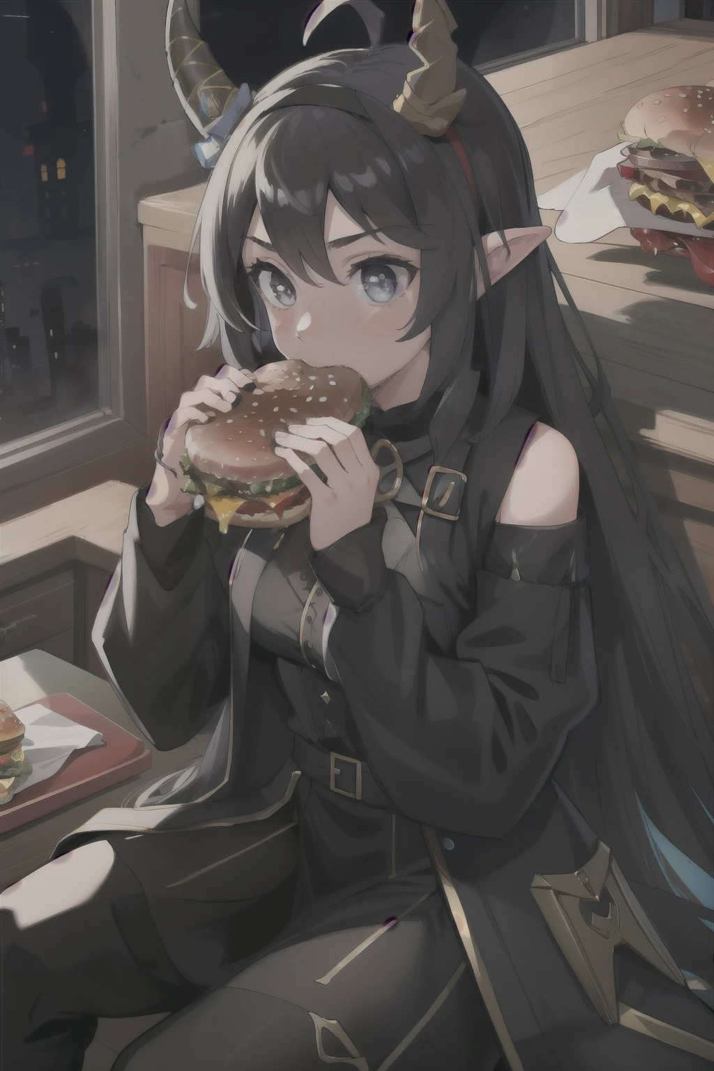 (masterpiece, best quality),  intricate details, 8k, artstation, wallpaper, official art, splash art, sharp focus,
1girl,   la+ darkness, black coat, black dress, white sleeves, sleeves past finger, sleeves past wrists, horns,
 two-handed burger, hamburger, food, eating,