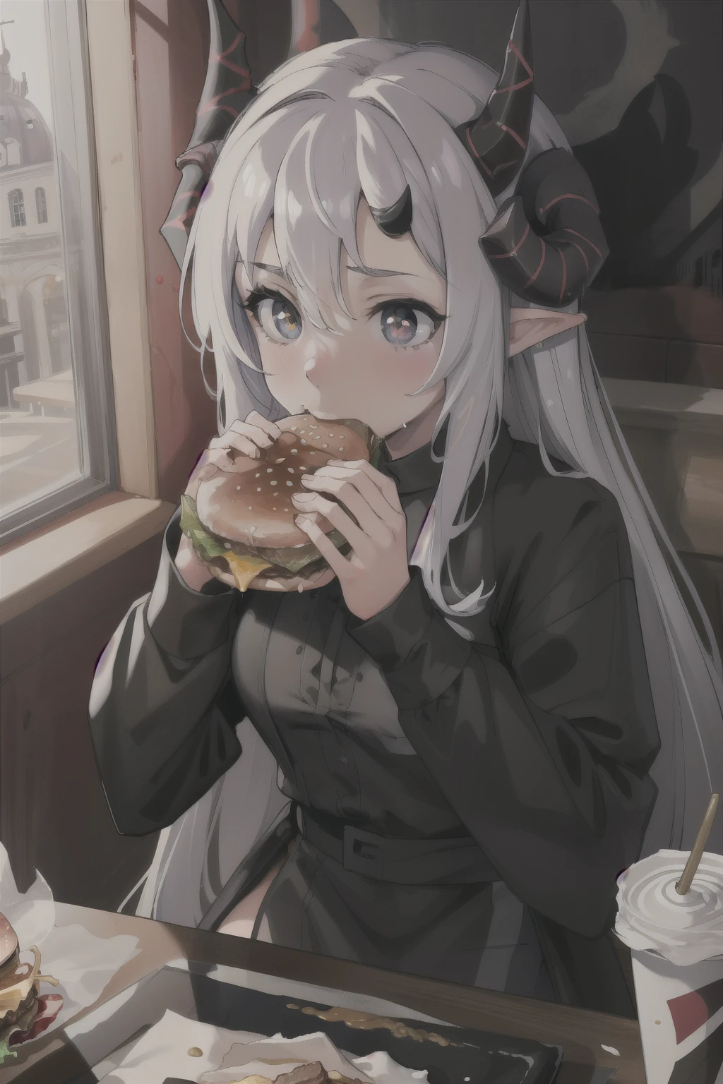 (masterpiece, best quality),  intricate details, 8k, artstation, wallpaper, official art, splash art, sharp focus,
1girl,   la+ darkness, black coat, black dress, white sleeves, sleeves past finger, sleeves past wrists, horns,
 two-handed burger, hamburger, food, eating,