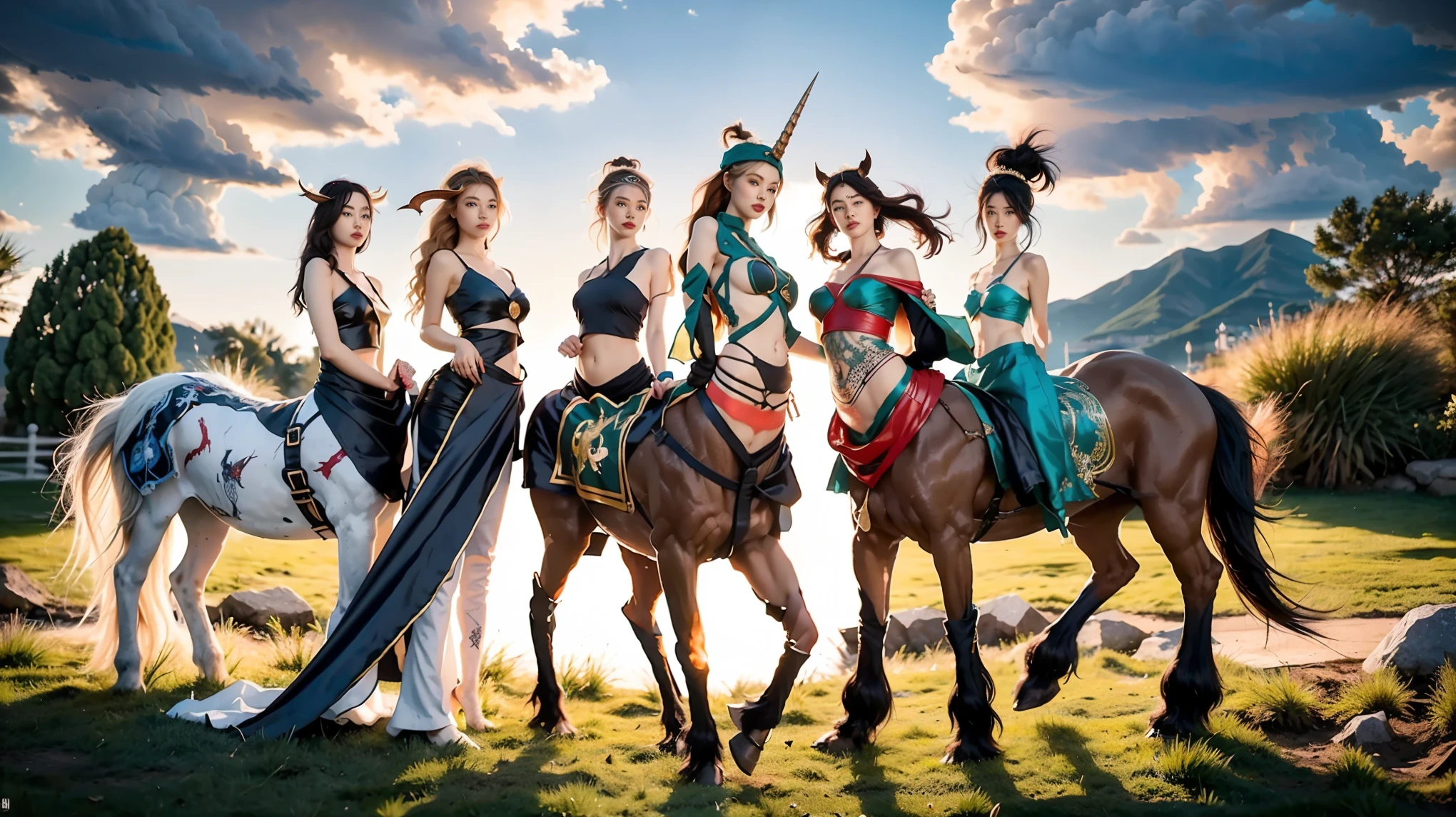 In the beautiful illustration of this super-grand scene，Display ultra-long-range lenses（Over eight unique centaur characters：9.9），They all have their own characteristics，Vivid and interesting。A radiant angel centaur from the celestial realm，To hellish centaurs surrounded by nightmarish flames，Then go to the Wind Fairy centaur dancing in the air，There are also unicorn centaurs surrounded by lightning，and mechanical centaurs shining with metallic light，Then there are the mighty dragon centaurs，Colorful dragon scales cover the whole body，The elegant and agile elf centaur always wears a flower crown，The lines are slender and beautiful，Charming and charming Tiflin centaurs。Each character has their own unique charms and abilities。Illustration uses advanced artistic techniques and tools，（Divide the scene into sections by geometric arrangement：9.9），Each section corresponds to a centaur character，This allows for more efficient use of space。Pass the advanced brush tool halfway、Color Palette、Material packages and model packages，For every centaur, Beautiful props are designed to increase racial characteristics、Clothing and physical characteristics，Enhance the character's personality and visual appeal。The scenery in the illustration is stunning，The sky is changing、rainbowing、extreme light、Stars and Moon。Incorporate iconic landmarks like Mount Everest，and fireworks、Tranquil lake、Natural and urban elements of waves and neon lights，creating a magical atmosphere。Centaurs showcase their unique abilities and equipment in a variety of environments，This is true even in extreme alien landscapes。（Use tools halfway、Material pack、Texture tools、The color palette makes the depiction details vivid and realistic：9.9），From complex hairstyles and different ethnic characteristics、Body、Appearance characteristics、Clothing to real textures，This greatly enhances the realism of the characters and surroundings。The fusion of multiple artistic styles adds movement from all angles to the movement of centau