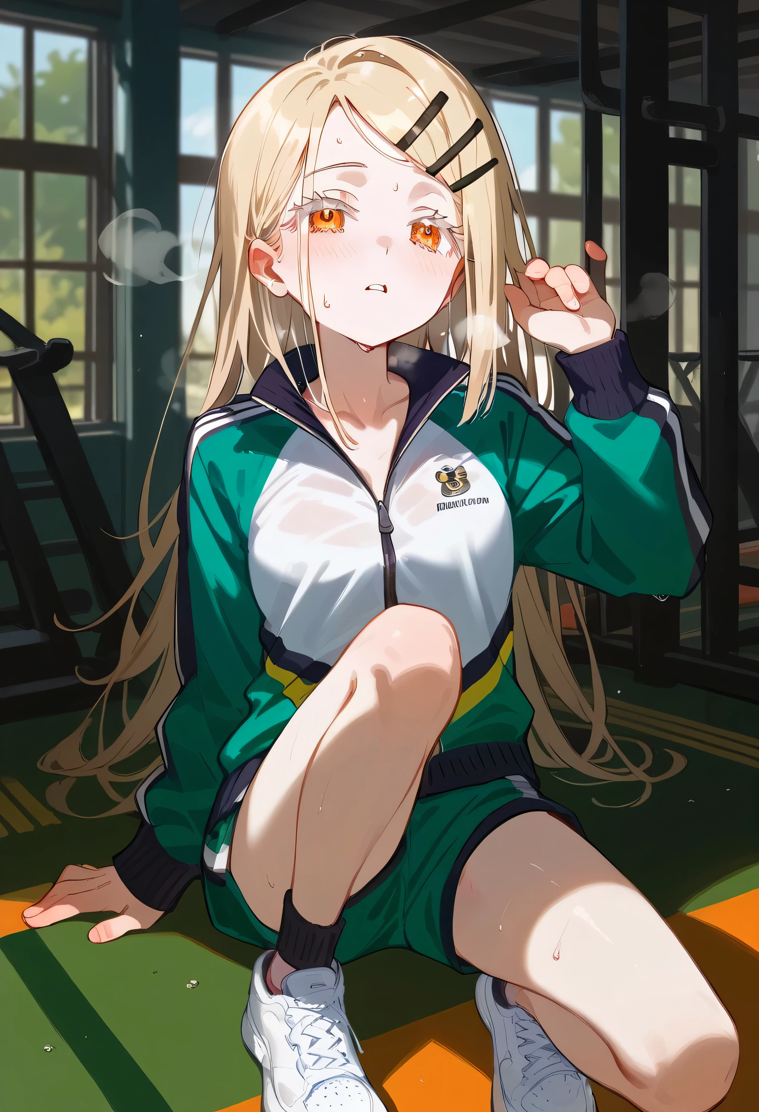 nsfw,Best Quality, masterpiece</input></>, No correction, Beark, Hiro Gym,shinosawa hiro,thin,Orange eyes,White eyelashes</input></>,Blonde,Long Hair,Hair Clip,Track jacket,Green shorts,White sneakers, Sweating on the head, Heavy breathing, Head Focus, Transparent sneakers, Open shirt,