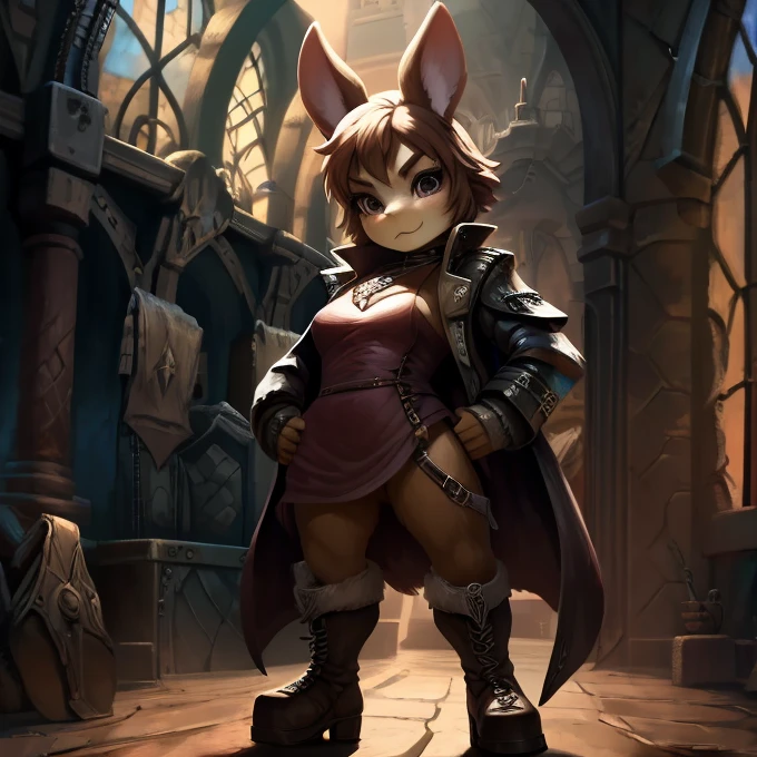 bunny, female, short, Anthropomorphic, brown and white fur, bunny ears, long purple dress, high slit, large boots, fullbody, dynamic pose, leather armor, steampunk, red captains overcoat, masterpiece