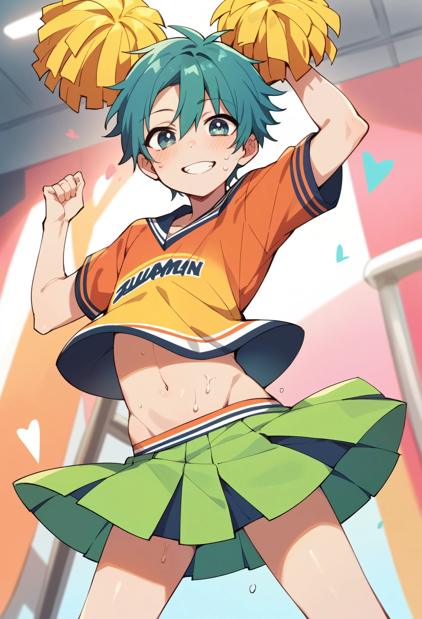 A beautiful boy dressed as a cheerleader　Her butt is facing me　A melting smile　Sunburn　Skirt flipped up　Leggings under the skirt