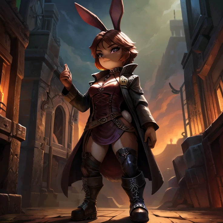 bunny, female, short, Anthropomorphic, red brown and white fur, bunny ears, long purple dress, high slit, large boots, fullbody, dynamic pose, leather armor, steampunk, red captains overcoat, masterpiece