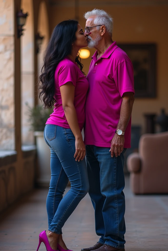 ((detailed)) Chubby fat bbw nerdy latina young woman (30 years old), chubby belly, long straight black hair, wearing black shirt and blue jeans, Golden necklace,man hugging from behind, romantic kissing, passion Kiss,with several tall men, 4 men, in campus