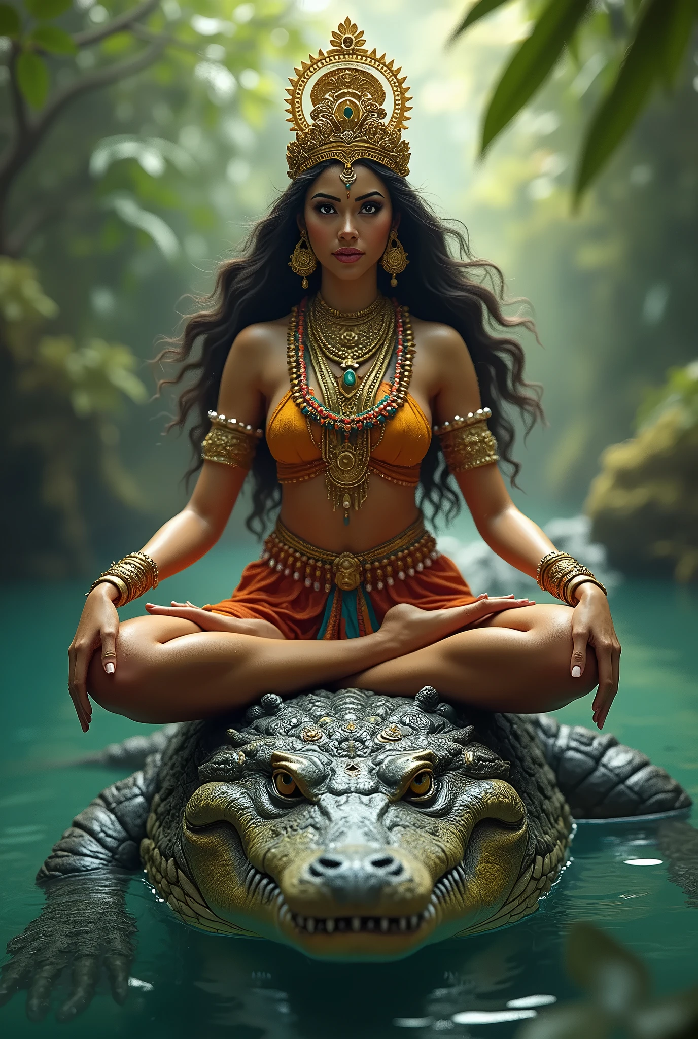 A masterful oil painting of a Indian goddess stone statue that seems to be weeping paint, statue in the dark swamp cave, The statue's face is intricately detailed, the statue's body is detailed, curvy statue, with a visage of deep sadness and longing. The thick, textured paint creates a sense of depth and dimension, with shades of blue and green on the statue's stone face, and stone body, The paint drips down, forming a puddle beneath the statue, which adds to the overall melancholic atmosphere of the artwork, sunray on statue, incredible details, good proportion,