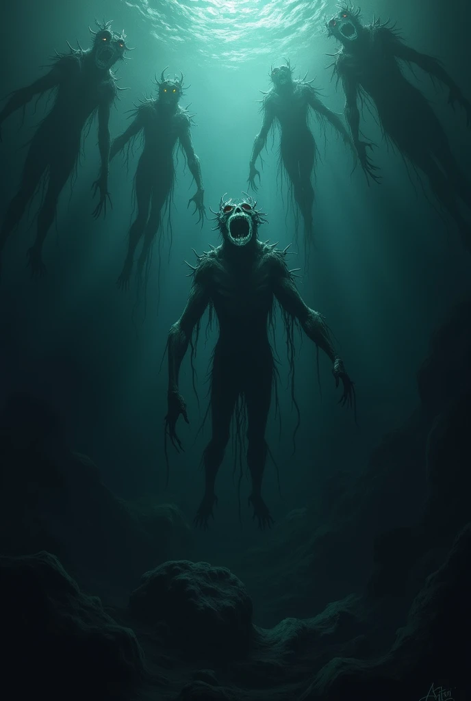 Swamp monsters covering their eyes dazzled by intense blue light