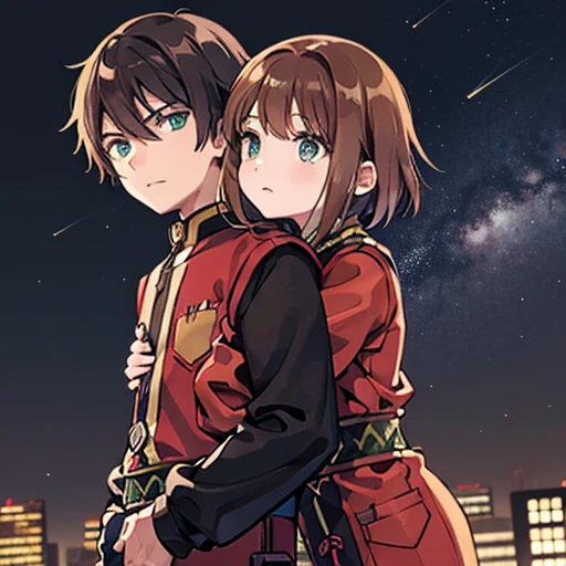 A girl with green eyes, short brown hair , red blouse with long sleeves, googles her hair, affectionately hugging a boy with short black hair, ojos marrones, lentes, red jacket with a night city behind them and shooting stars in the sky, sice difference 