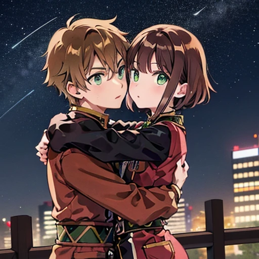 A girl with green eyes, short brown hair , red blouse with long sleeves, googles her hair, affectionately hugging a boy with short black hair, ojos marrones, lentes, red jacket with a night city behind them and shooting stars in the sky, sice difference 