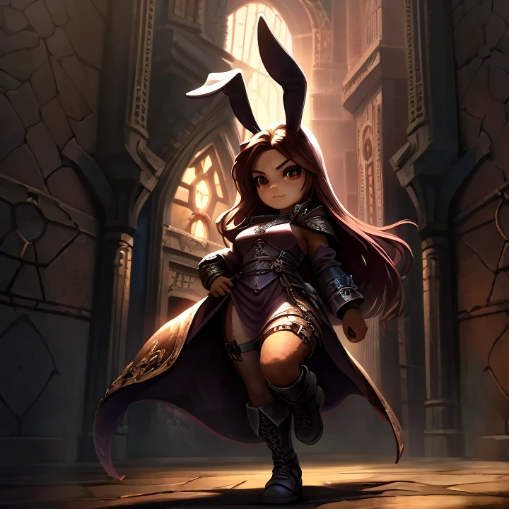 bunny, female, short, Anthropomorphic, red brown and white fur, bunny ears, long hair, long flowing purple dress, large boots, fullbody, dynamic pose, leather armor, scale mail armor, steampunk, red captains overcoat, masterpiece