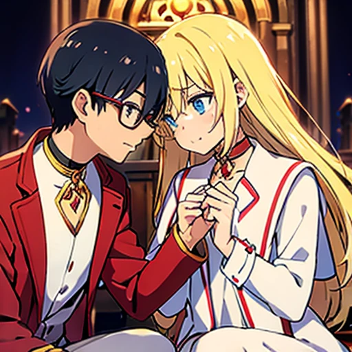 1 boy with black hair, Red jacket and glasses romantically kissing a girl with blonde hair and blue eyes, white dress using a gold choker with a red crystal. Church at night in the background., True love, blushing cheeks, high quality 