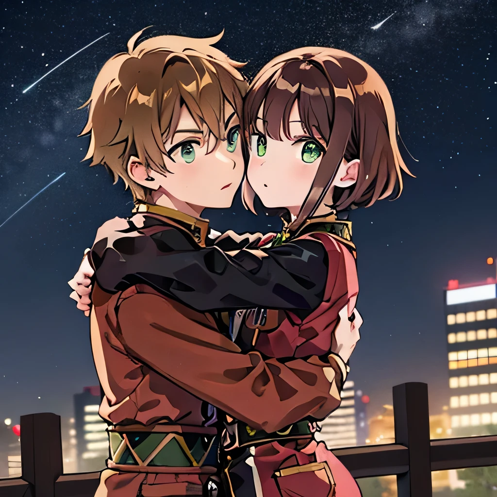 A girl with green eyes, short brown hair , red blouse with long sleeves, googles her hair, affectionately hugging a boy with short black hair, ojos marrones, lentes, red jacket with a night city behind them and shooting stars in the sky, sice difference 