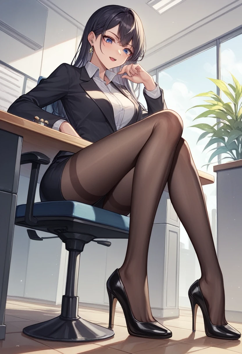 ((Best Quality)), ((masterpiece)), (be familiar with) Perfect Face、Mature beautiful woman、Working in the office、Sitting in a chair、The whole body, even the toes, See the audience at your feet、Looking down、Office Style、business suit、Black jacket、White open shirt、Black knee-length pencil skirt、Black Pantyhose、She is wearing black Jimmy Choo high heel pumps、Looking Down、Pushing the shoe out to the viewer、thrust one&#39;s high-heeled feet towards the viewer、High heels close up、The soles of the shoes are visible、Beige soles、A viewer looks up at this woman from below