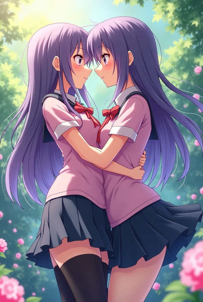 Girl with colorful hair with all the colors of the rainbow kissing another girl with tongue in an exciting way holding the girl's neck and waist, Now this purple-haired girl kisses the older one with excitement making her legs almost tremble, anime styling.