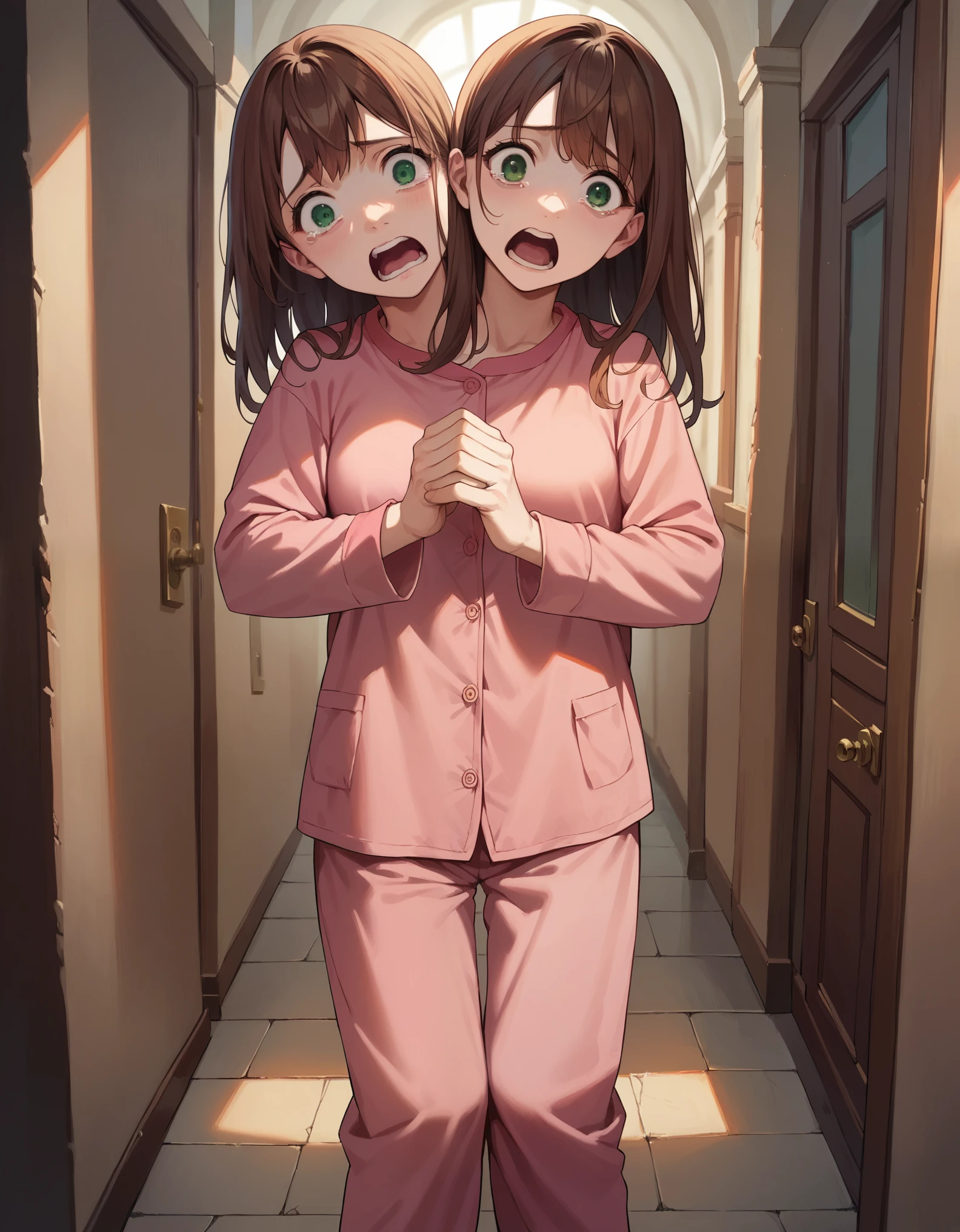 anime, (masterpiece, best quality), best resolution, two heads, 1girl, long brown hair, green eyes, scared, open mouth, pink pajamas, hands wringing together, dark hallway