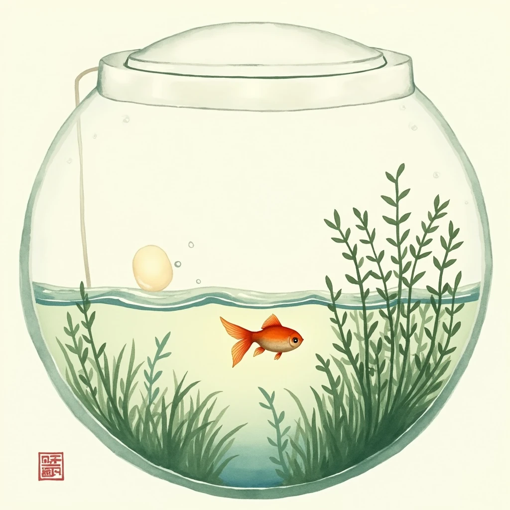 Ukiyo-e, Japanese painting, woodblock painting, watercolor painting, small goldfish, water plants, round aquarium, air pump bubbles