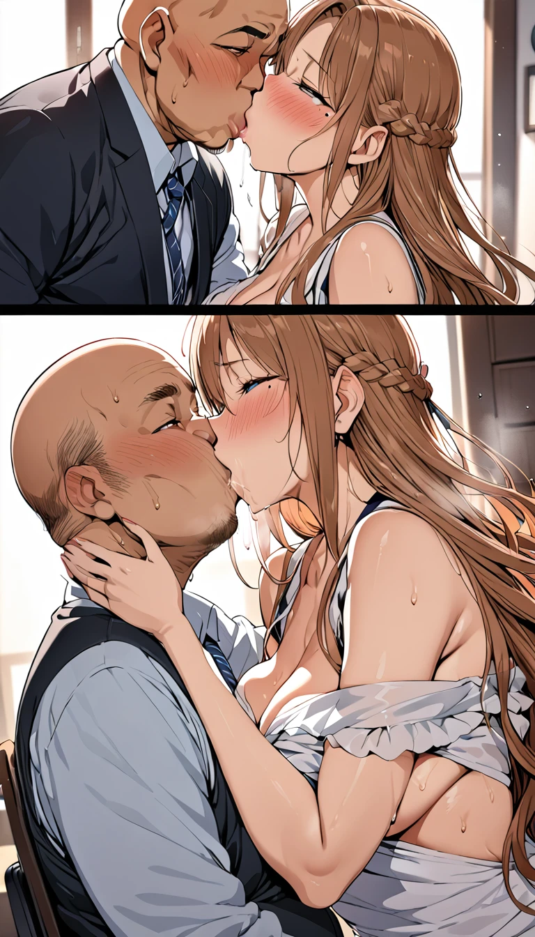 High quality,Ultra-high resolution,High-definition illustrations,asuna yuki,Masterpiece,extremely detailed,bdsm ,highres,japanese,bust up focus,mature hetero couple,(married secretary milf is glossy lips and old hairy bald Creepy old perv ),orgasm ,Casual office style,office boss room,saliva,sweat,Medium breasts,moist skin,seductive,beautyfull curvy,long intricate hair,mole under eye,blush,((passionate kiss: 1.4))