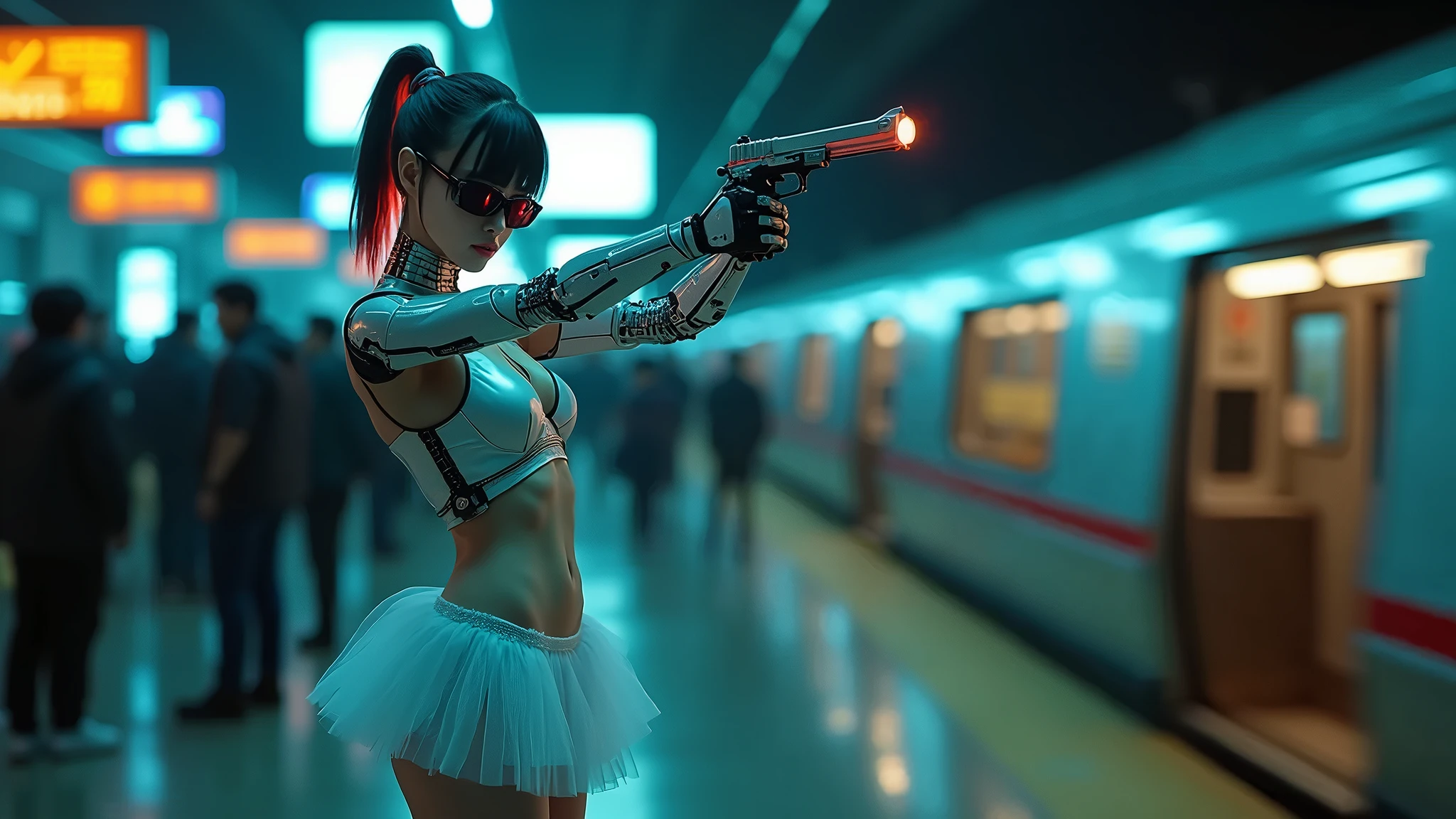 (((aerial view))), Blade Runner style futuristic railway platform, hi-tech train, neon lights, rainy night. (1girl, solo, alone), large-breast:1.2 slim body, cleavage:1.1, sexy wind blowing wet dress:1.4, headphone, (black sunglasses), (((she raised a pistol:1.8 and shot:1.8 the viewer))), dynamic pose, (((half-body thigh level medium shot))), cinematic lighting, lens flare, ray tracing, blurred:1.4 background.