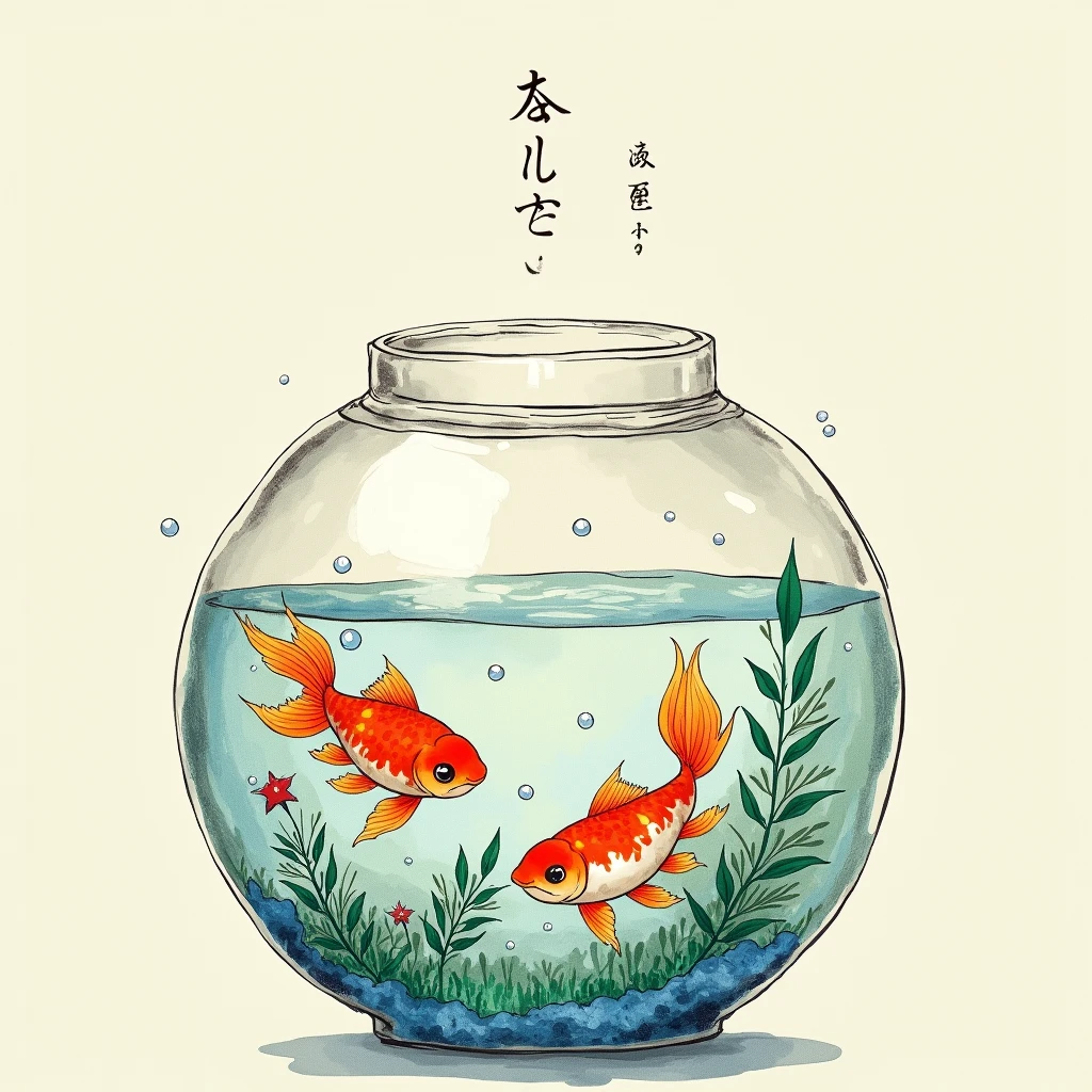 Japanese painting, woodblock painting, watercolor painting, small goldfish, water plants, round aquarium, air pump bubbles