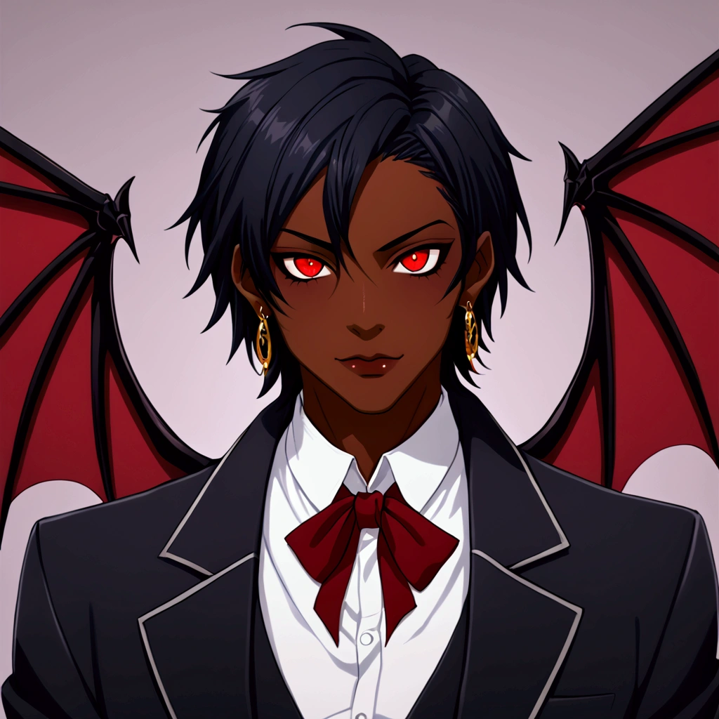 (Best quality, 4k, Masterpiece :1.3), ultra-detailed face, detailed lips, detailed eyes, double eyelid masterpiece, best quality, ultra highres, detailed illustration, portrait, detailed, fancy golden earrings, there is a picture of a flamboyant man with a bat wings behind his back , androgynous vampire, portrait demon half human, red eyes with black sclera, male vampire, portrait of demon girl, demon male, dapper dream demon, attractive androgynous humanoid, handsome male vampire, ((red)) baggy eyes, anime portrait of a handsome man with sci-fi clothing, made with anime painter studio, anime handsome man with dark skin, he has black hair with sliver highlights, semi realistic anime, inspired by Okumura Togyu, anime style portrait, ((black sclera, dark red pupils)),(dark brown skin), (african American skin tone), (black hair, white highlights), (full body), (handsome) portrait of ((mischievous)), character portrait of me character half body portrait, commission for high res, oc commission, anime vibes, cyberpunk art ultrarealistic 8k, cyberpunk style