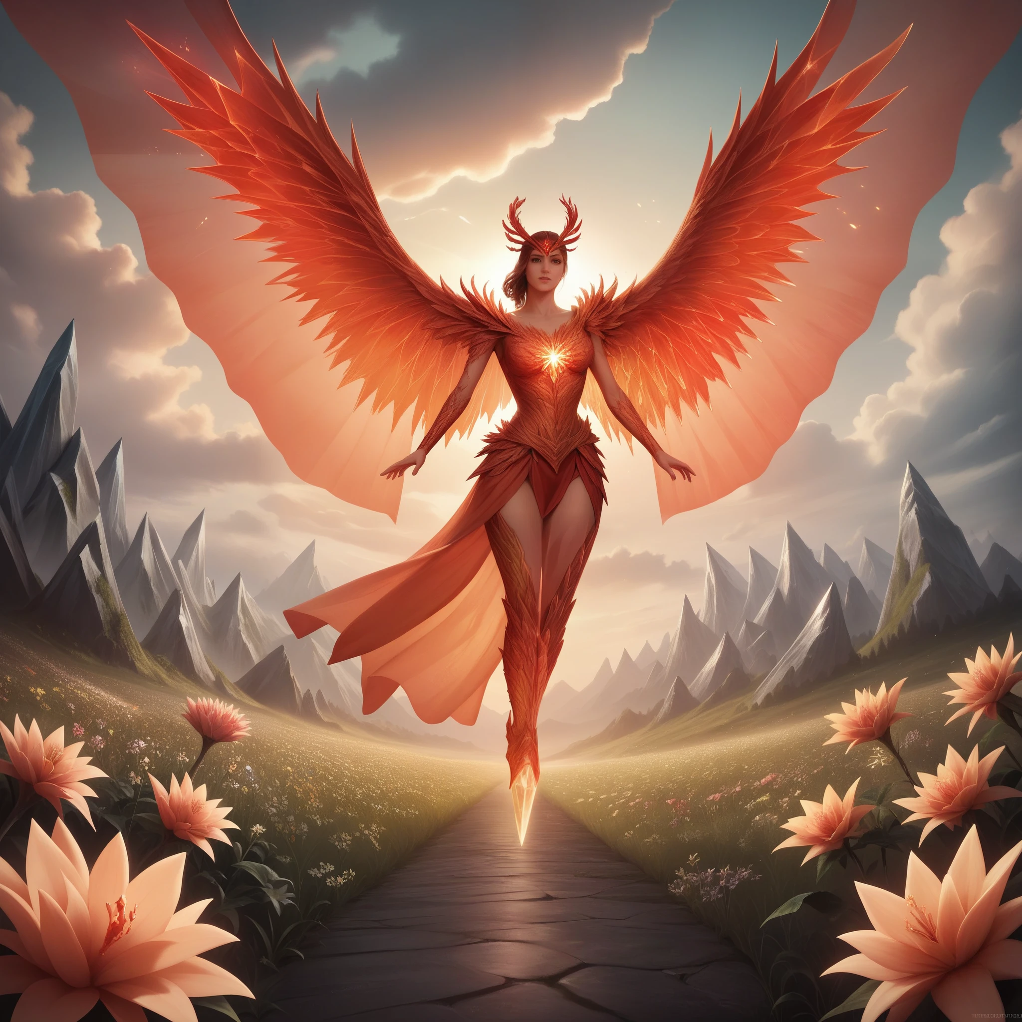 a phoenix, skyrim, sunset, horizon, crystals, flowers and plants, highly detailed, 8k, photorealistic, dramatic lighting, epic fantasy scene, dramatic cloudy sky, vibrant colors, volumetric fog, lush vegetation, intricate crystal formations, glowing crystals, mystical atmosphere, hyper realistic, extremely detailed texture, masterpiece, studio quality