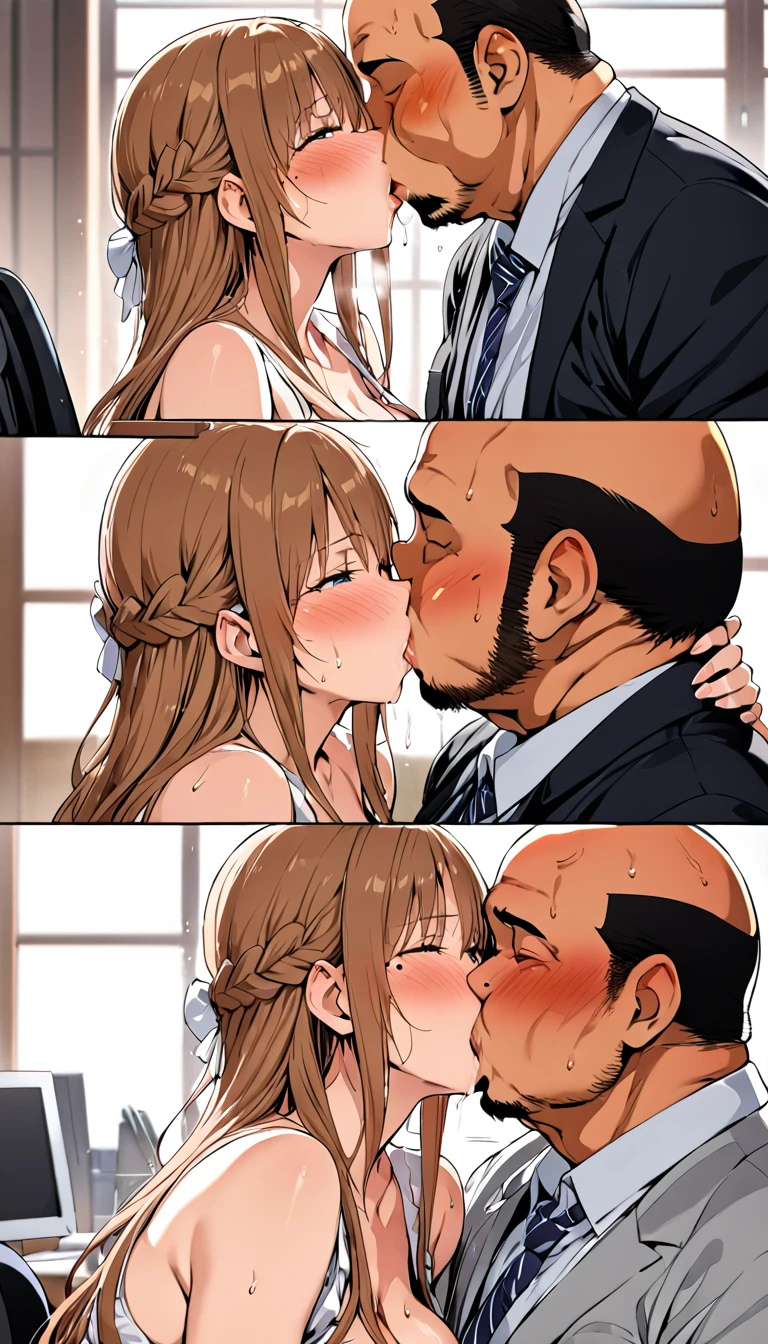 High quality,Ultra-high resolution,High-definition illustrations,asuna yuki,Masterpiece,extremely detailed,bdsm ,highres,japanese,bust up focus,mature hetero couple,(married secretary milf is glossy lips and old hairy bald Creepy old perv ),orgasm ,Casual office style,office boss room,saliva,sweat,Medium breasts,moist skin,seductive,beautyfull curvy,long intricate hair,mole under eye,blush,((passionate kiss: 1.4))