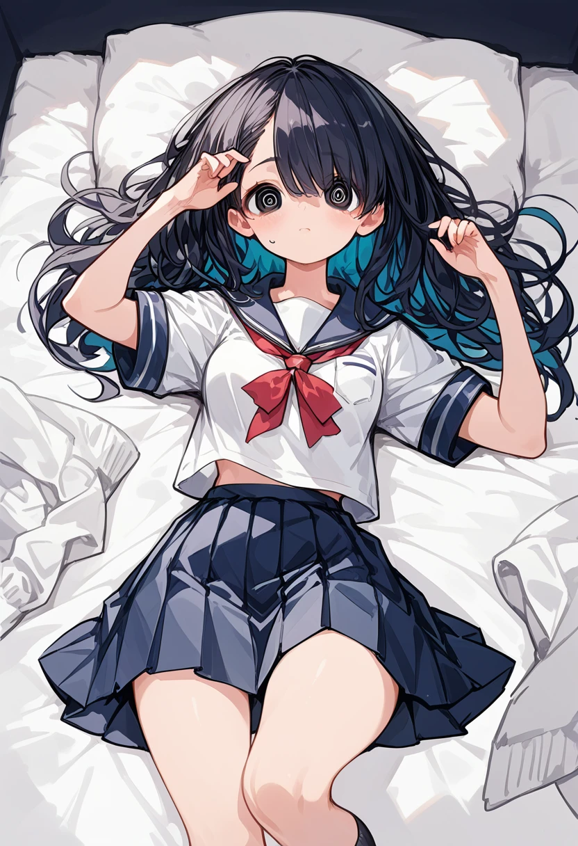 (masterpiece, highest quality), (high resolution, details),
anime, line-art, flat shading,depth:1.2,

Solo: 1.2, female,(detailed face:1.2),(detailed hair:1.2),,(detailed eyes:1.2),
(School uniform: 1.5), Baggy socks,
(Unruly hair, voluminous hair),breasts,
(Beautiful thighs: 1.0),

lie down,lie down on back,on bed,