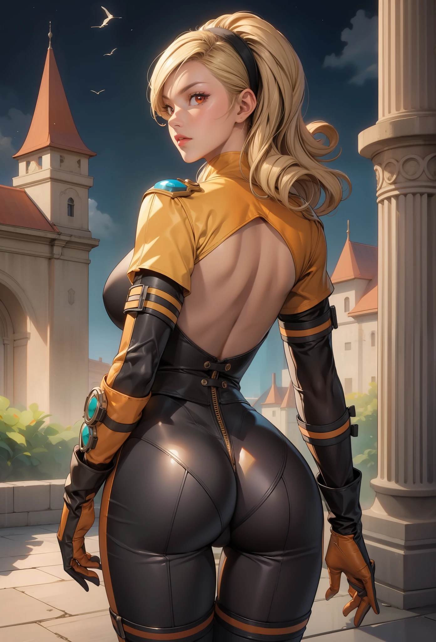 perfect eyes:1.2, detailed eyes:1.4, serious, lienneville, red eyes, blonde hair, breasts, hairband, red eyes, bodysuit, gloves,, cowboy shot, 1girl, solo, (masterpiece:1.6, best quality), 8k, insane details, intricate details, hyperdetailed, hyper quality, high detail, ultra detailed, professional, HDR, ray tracing reflection, cinematic lighting,