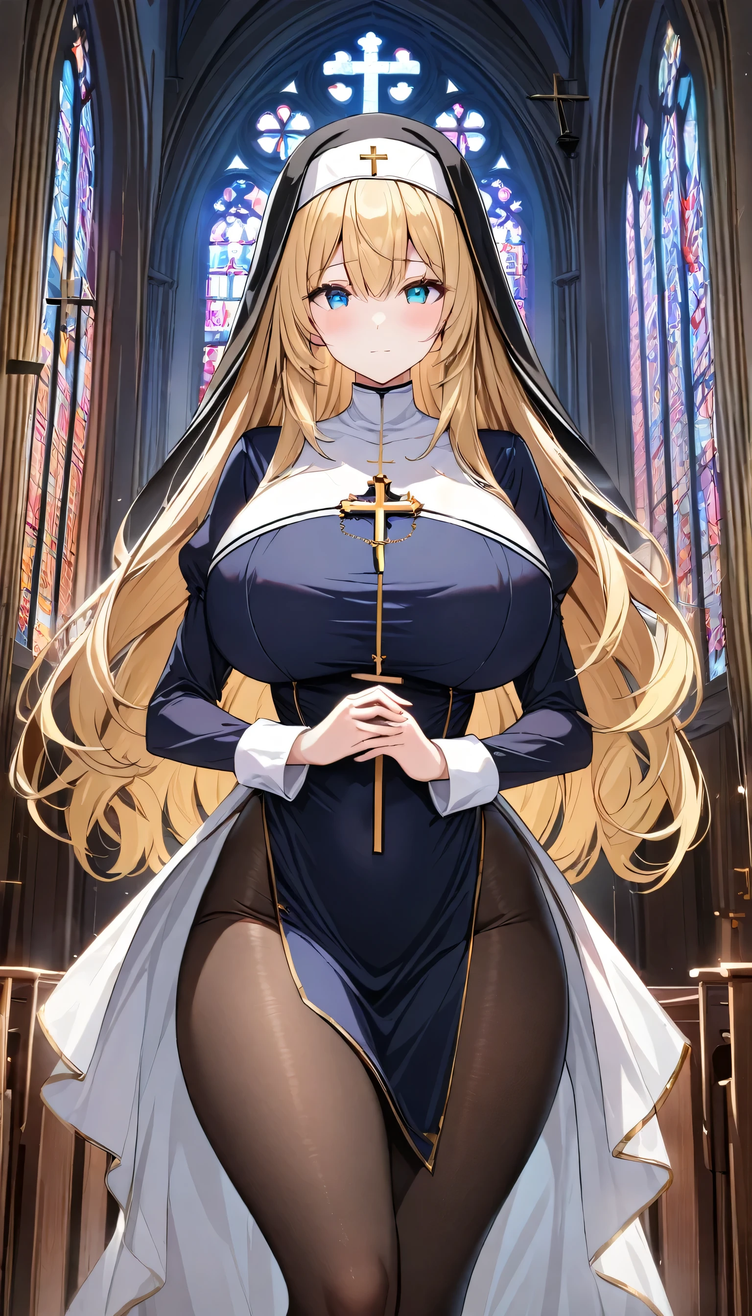 (masterpiece,best quality,high resolution,perfect and detailed anatomy,extremely detailed picture,wallpaper,cowboy shot:1.3,CG),alone,1girl,hetero,young,perfect and detailed balance,beautiful character design,pale skin,((blonde hair:1.4),(bangs),(long hair:1.4),(sapphire eyes:1.4),(perfect and detailed eyes:1.4),closed mouth:1.4,expectant face,blush),beautiful body,(huge breasts),(Sexy thighs),nun,black nun veil,nun clothes,black pantyhose,cross,(church:1.4),(turn your face and body straight:1.4)