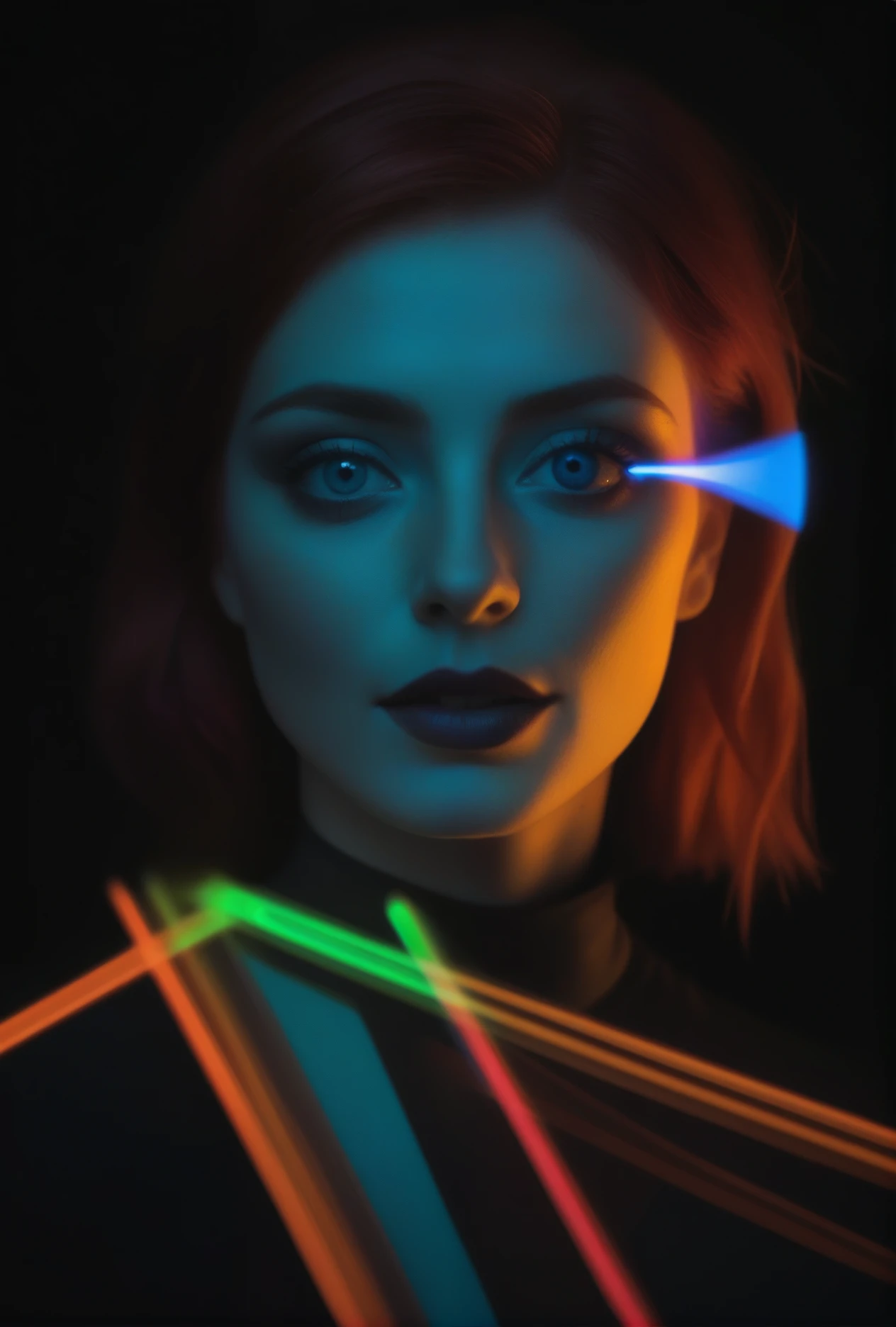 ((colorful creative psychedelic color front and rear slide projection over))((full body 3/4 view))(maniacally grinning 27 yo activist influencer American (redhead on top copper hair under red hair) woman silver blue eyes penetrate the soul)(lipstick eye shadow liner blush earrings necklace)BREAK((colorful lasers))(dark Jungian psychological imagery)(emotional surprise)(style of [Scientific Vogue | Psychedelic Psychology Today | Rolling Fibonacci Fractals])(perfect mid-level contrast, dark edge vignette) 
ISO 200 <lora:Offset-XL_V1:0.39