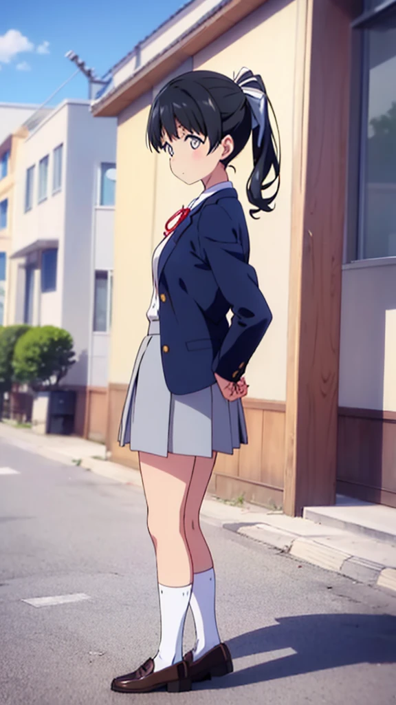 Standing with arms folded behind back、Anime girl wearing a blazer uniform, white crew socks and black loafers