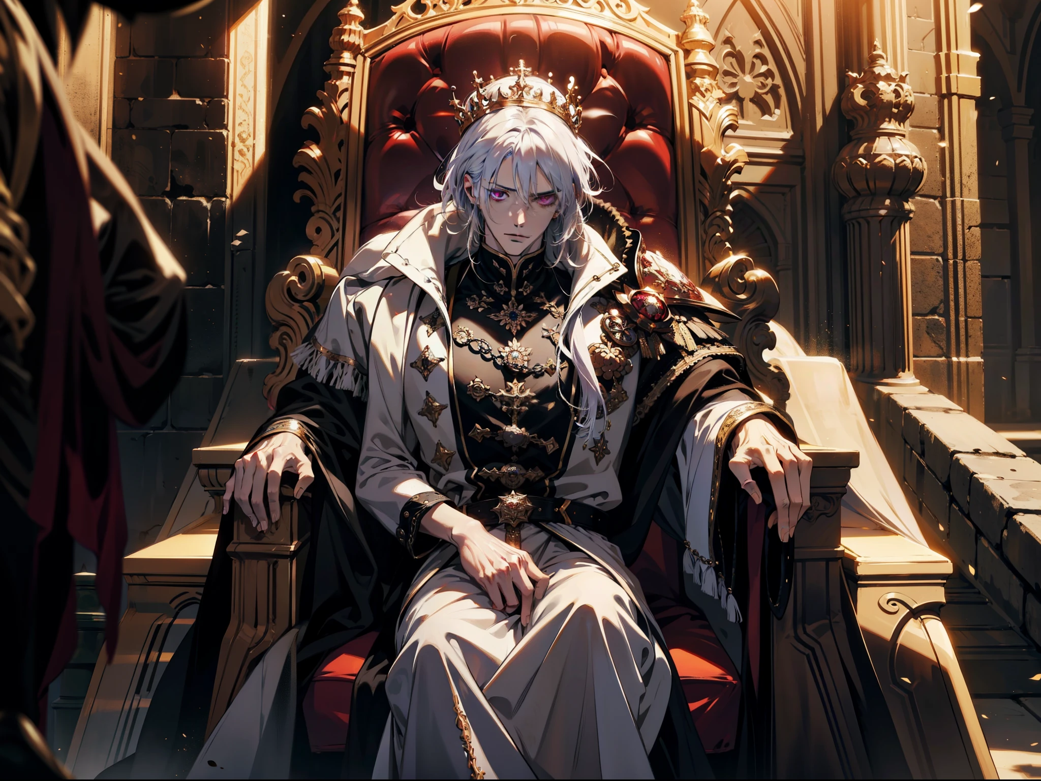 white hair, The purple-eyed king sits on a majestic throne in an abandoned palace with a crown on his head.. The environment around him was dark and gloomy., There is a knight in black at the back.. The throne is luxurious., With details of gold and precious gems, And covered with a dusty cloth.. The hero wears royal court clothing., With a determined look on his face, As he looked at the horizon with his glowing red eyes,, Masterpiece, Best quality, Special details, illustration, 8K concept art, Fantasy art, Epic Art, 4K concept art wallpaper, dark color, Natural light. adult, handsome, Tall, muscular man, Broad shoulders