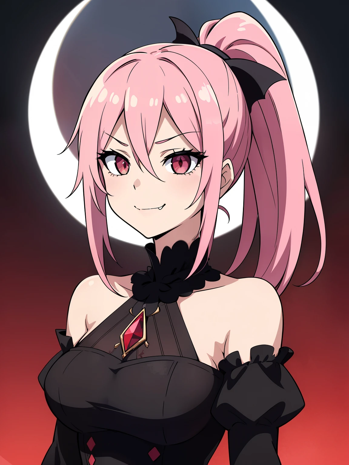 (high-quality, breathtaking),(expressive eyes, perfect face) 1girl, female, solo, portrait, Symmetrical Eyes, medium hair, pink hair color, blood red eyes, ponytail, hourglass figure, black gothic dress, bare shoulders, sleeves, smirk, confident expression, fangs, vampire,
