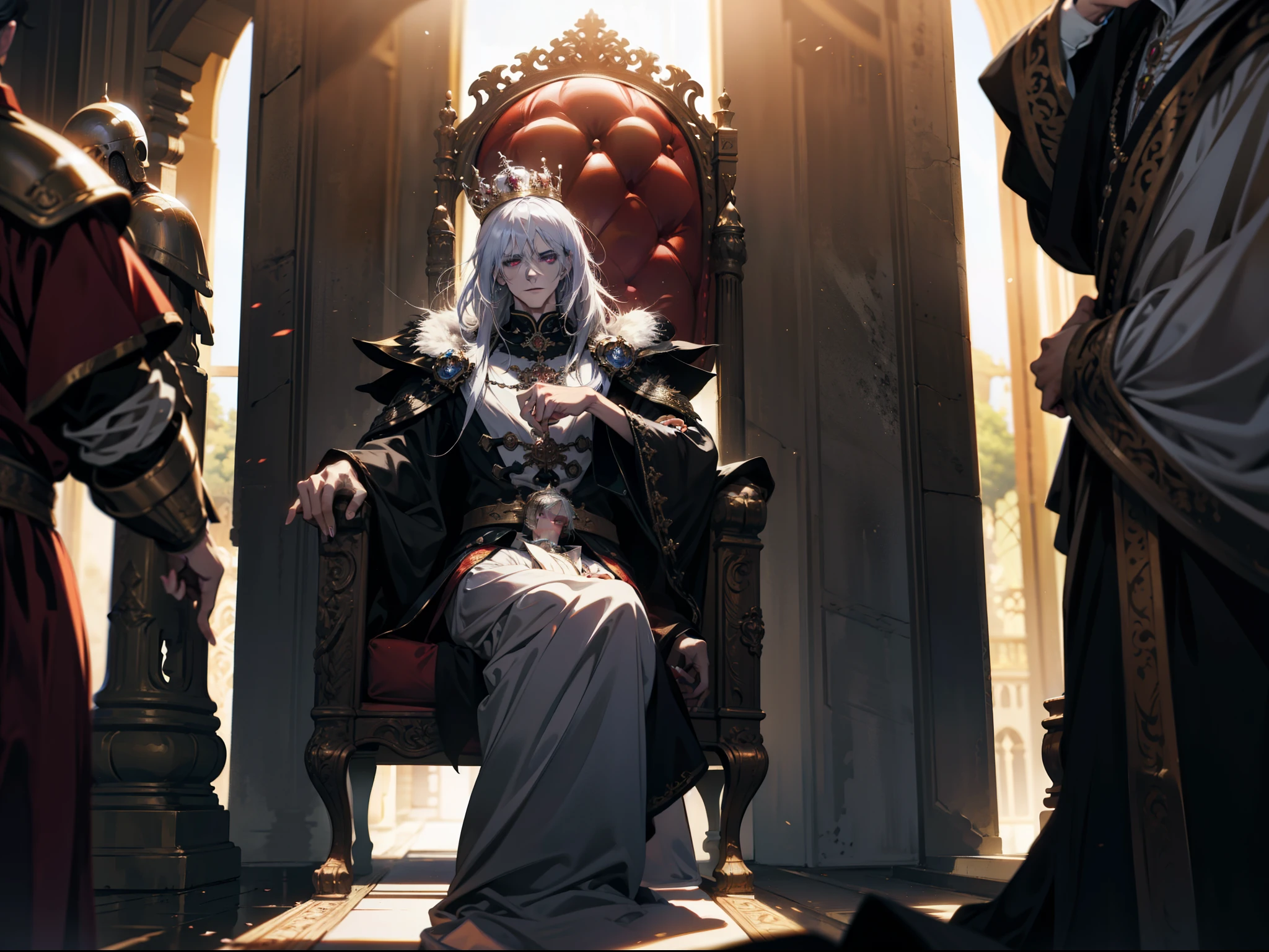 white hair, The purple-eyed king sits on a majestic throne in an abandoned palace with a crown on his head.. The environment around him was dark and gloomy., There is a knight in black at the back.. The throne is luxurious., With details of gold and precious gems, And covered with a dusty cloth.. The hero wears royal court clothing., With a determined look on his face, As he looked at the horizon with his glowing red eyes,, Masterpiece, Best quality, Special details, illustration, 8K concept art, Fantasy art, Epic Art, 4K concept art wallpaper, dark color, Natural light. adult, handsome, Tall, muscular man, Broad shoulders