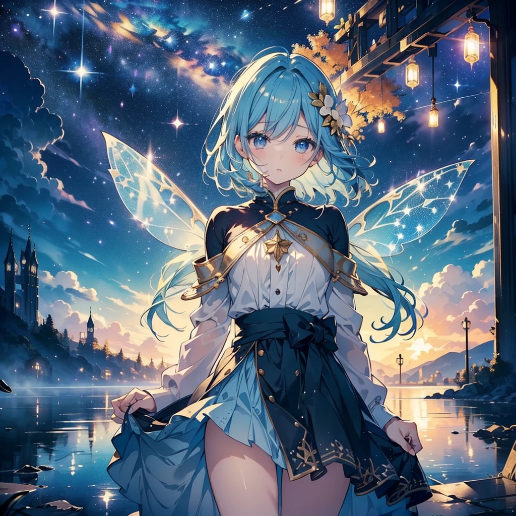 1girl,(((Best Quality、Masterpiece、The best composition、Super detailed、Perfect Anatomy、Full HD、High definition)))、The cutest fairy in the world、Fairy wings growing from her waist、star、star空、流star群、starのシャンデリア、Best lighting、Soft lighting、Detailed perfect face、Golden Ratio、Long eyelashes、Mysterious、Fantasy、Absurd、Dramatic lighting、milky way、Waterfront、Light up the splashes、