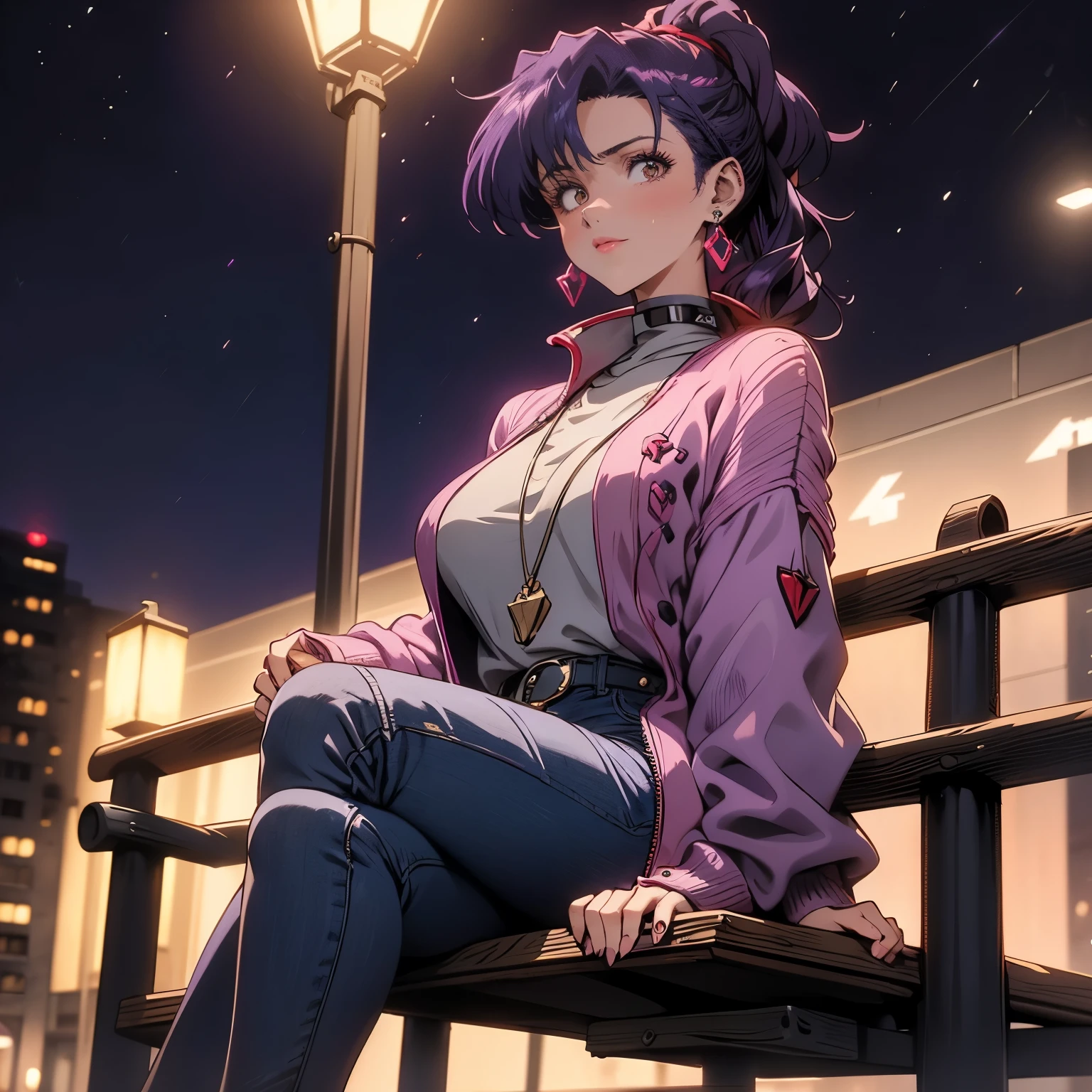 4k, HDR, full HD, Masterpiece, 1girl, (purple hair), perfect anatomy, full body, She wears a long sweater dressed in blue and pink, short jeans, triangle earrings, red lips, hair in a ponytail, She is sitting on a bench in a park, illuminated by a street lamp, it is night.