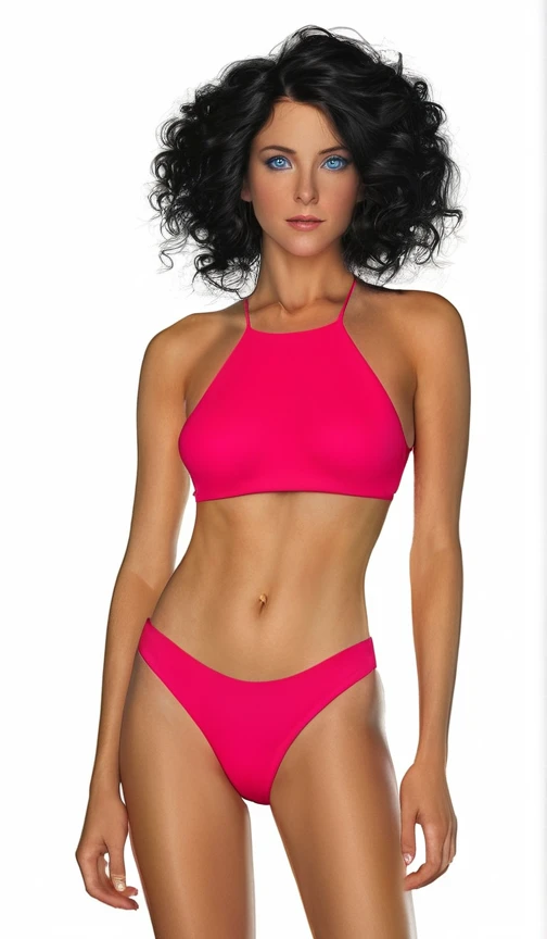18 year old woman in a pink bikini standing on the beach, light pink bikini, pale pink bikini, costume: bikini, boutinela bikini, cute bikini, elegant bikini, bikini, sling bikini, realistic bikini, tiny bikini, bikini model, wearing two-piece swimsuit, wearing pearl neon bikini, full body shot in bikini, bottom angle, in bikini ,8k raw