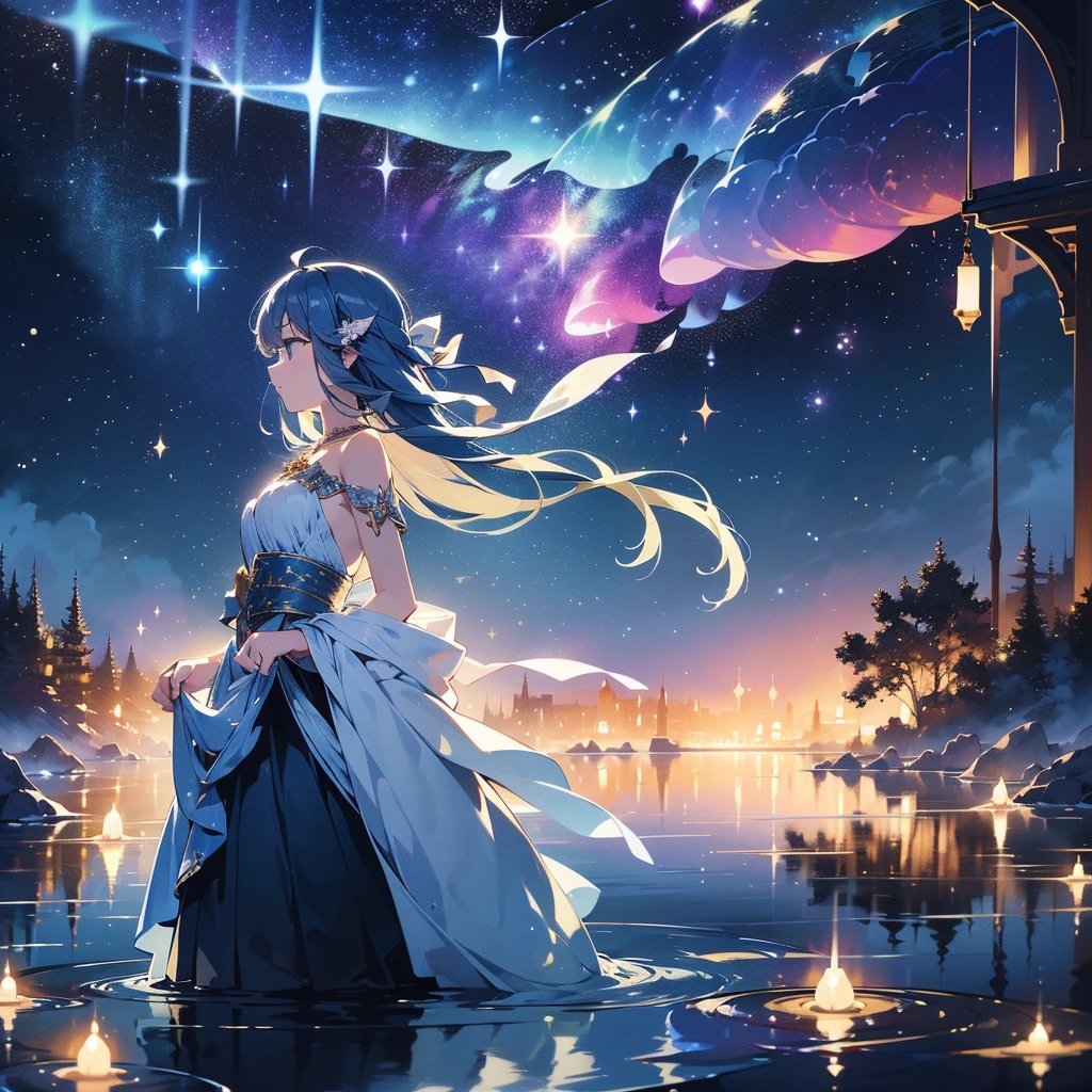 1girl,Aurora God々New light source、(((Best Quality、Masterpiece、The best composition、Super detailed、Perfect Anatomy、Full HD、High definition)))、The cutest fairy in the world、Fairy wings growing from her waist、star、star空、流star群、starのシャンデリア、Best lighting、Soft lighting、Detailed perfect face、Golden Ratio、Long eyelashes、Mysterious、Fantasy、Absurd、Dramatic lighting、milky way、Waterfront、Light up the splashes、