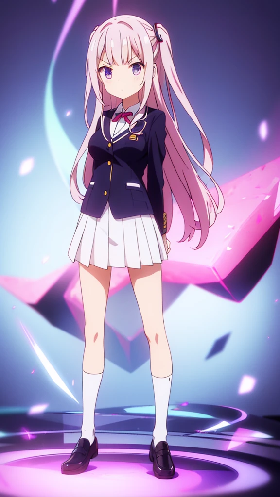 Standing with arms folded behind back、A twin-tailed anime girl wearing a blazer uniform, white crew socks and black loafers