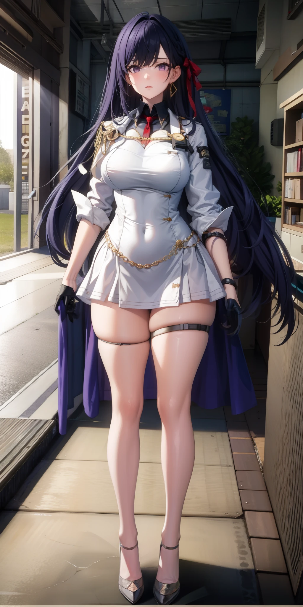 1 girl, very big breasts, very sexy body, 1 girl in, a smile, looks at the viewer, black shirt, super short white school miniskirt, full body, giant breasts, cleavage, giant breasts, heels, background in the mountains 1 girl , with big breasts. long legs QUEEN huge tits, (cleavage), high legs, (standing), sexy and muscular body. short skirt.4k hd