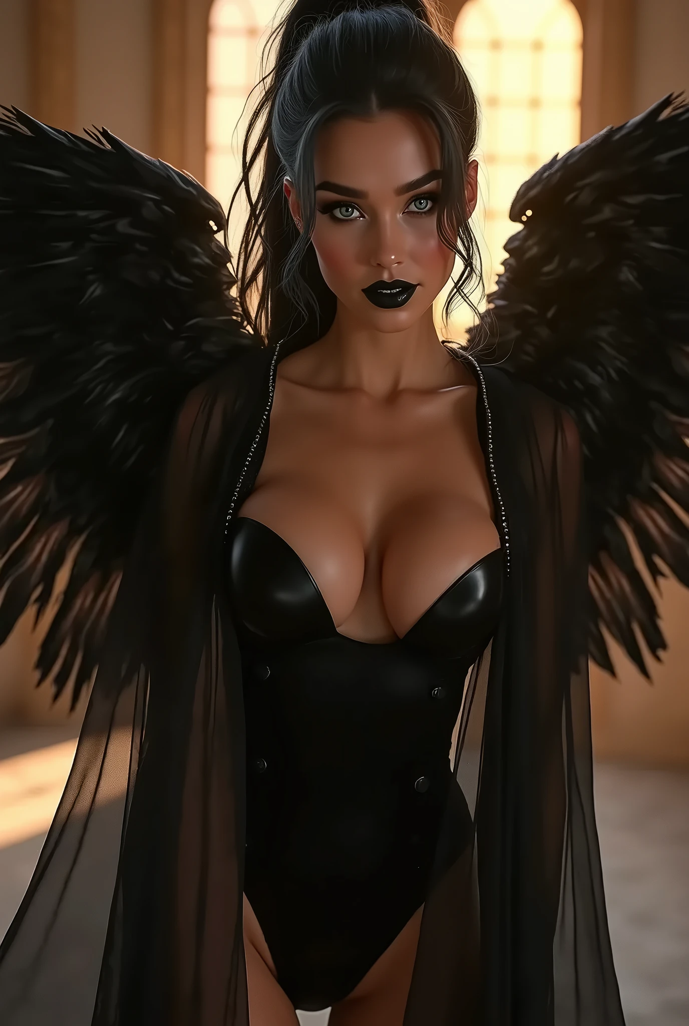 score_9, score_8_up, score_7_up, fallen angel, dusky skin, broken halo, huge breasts, ripped gown, lying in ruins, thick thighs, , sexy, wings, black eyes, milf