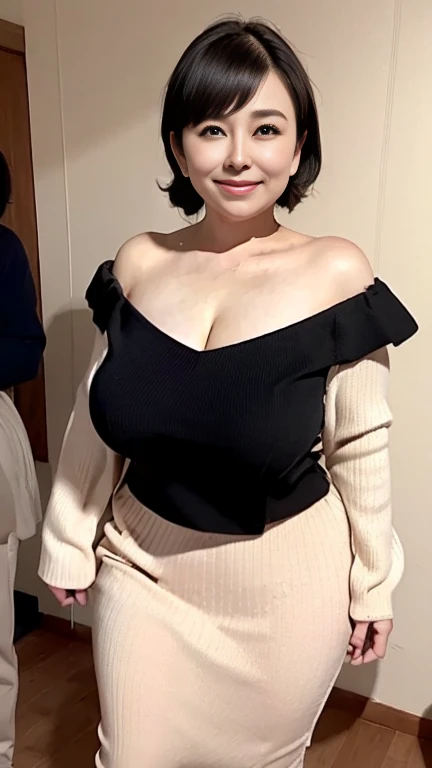 （（（Two Women）））、Two Womenが並んで立っている、（（（Age 40）））、Black Hair、Short Hair、ponytail、smile、（（Perfect Anatomy））、（（（Saggy breasts）））、（（（Huge breasts:1.5）））、Two busty girls、Busty、Huge breasts、Long Breasts、（（（Fetish breasts:1.5）））、（（（Very deep cleavage）））、Realistic skin texture、Glowing Skin、（（（Tight off-the-shoulder knit sweater:1.5）））、（（（Sleeveless）））、