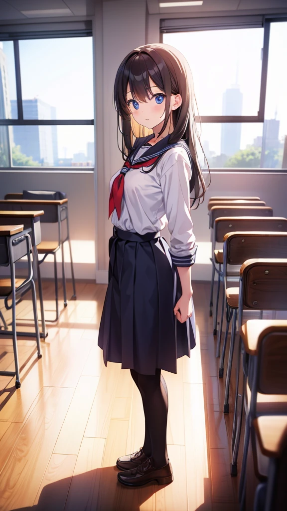 standing in a classroom with one&#39;s arms folded behind one&#39;s back、A twin-tailed anime girl wearing a blazer uniform, white crew socks and black loafers